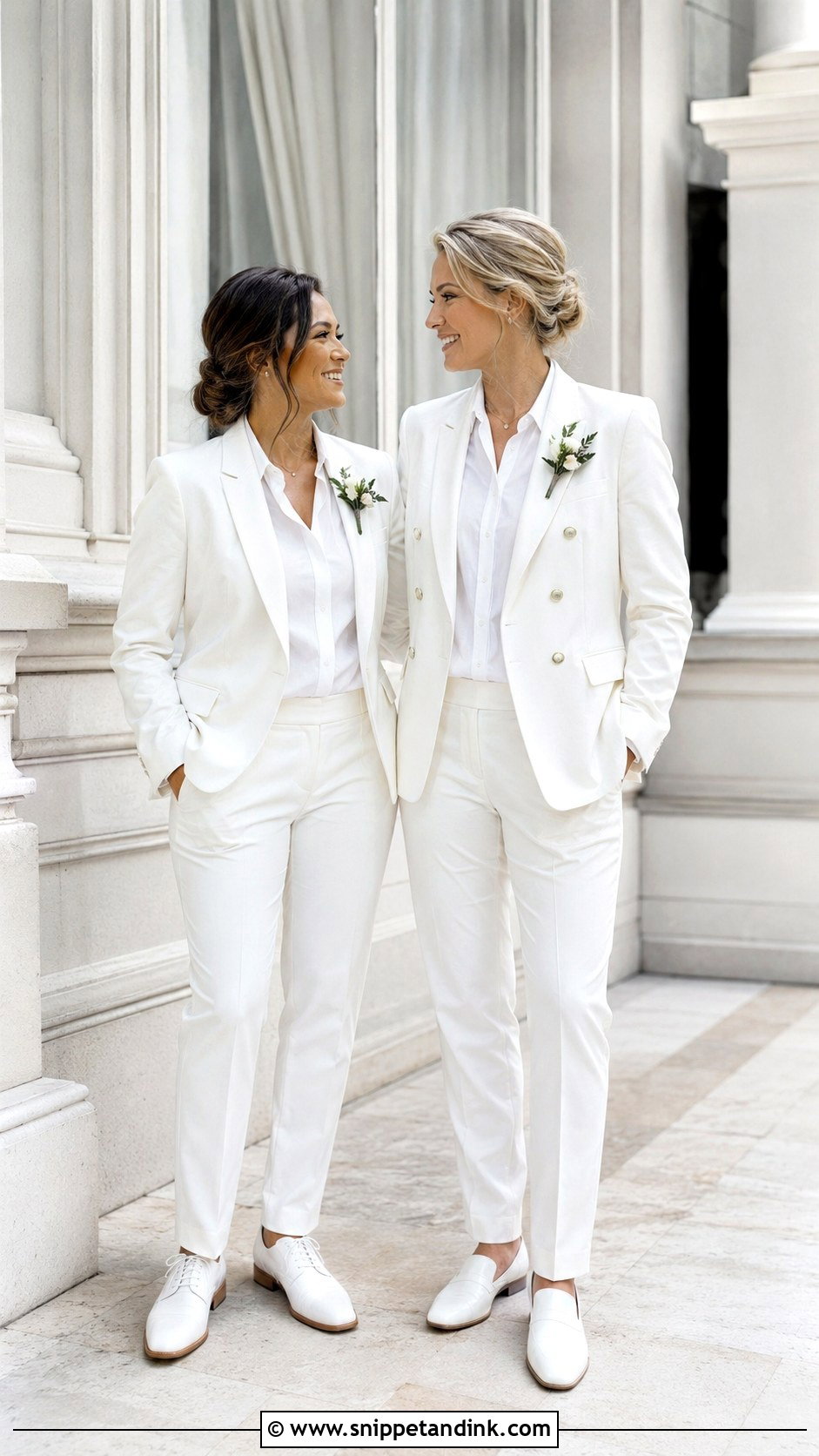 Matching White Suits Wedding Outfit - Snippet and Ink - 30 Lesbian Wedding Outfits