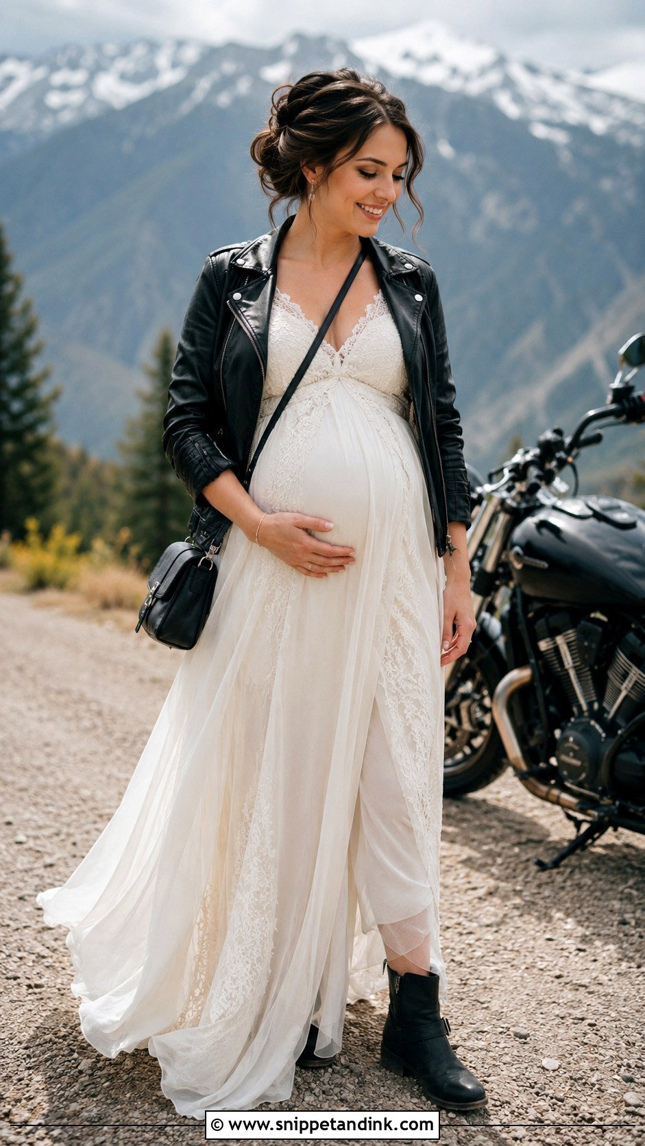 Maternity Biker Wedding Dress With Soft Moto Jacket - Snippet and Ink - 20 Biker Wedding Dress Ideas