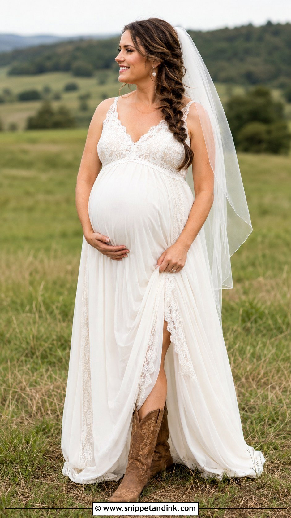 Maternity Country Wedding Gown With Low Western Boots - Snippet and Ink - 20 Country Wedding Gowns