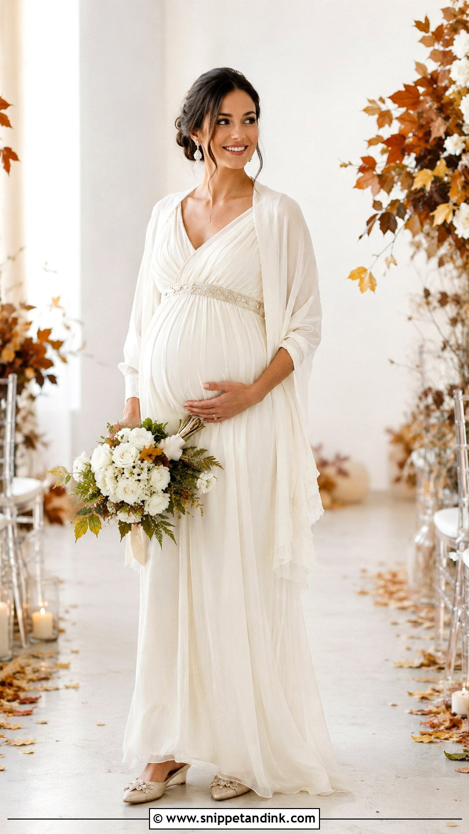 Maternity Fall Bridal Dress With Shawl - Snippet and Ink - 20 Fall Bridal Outfits