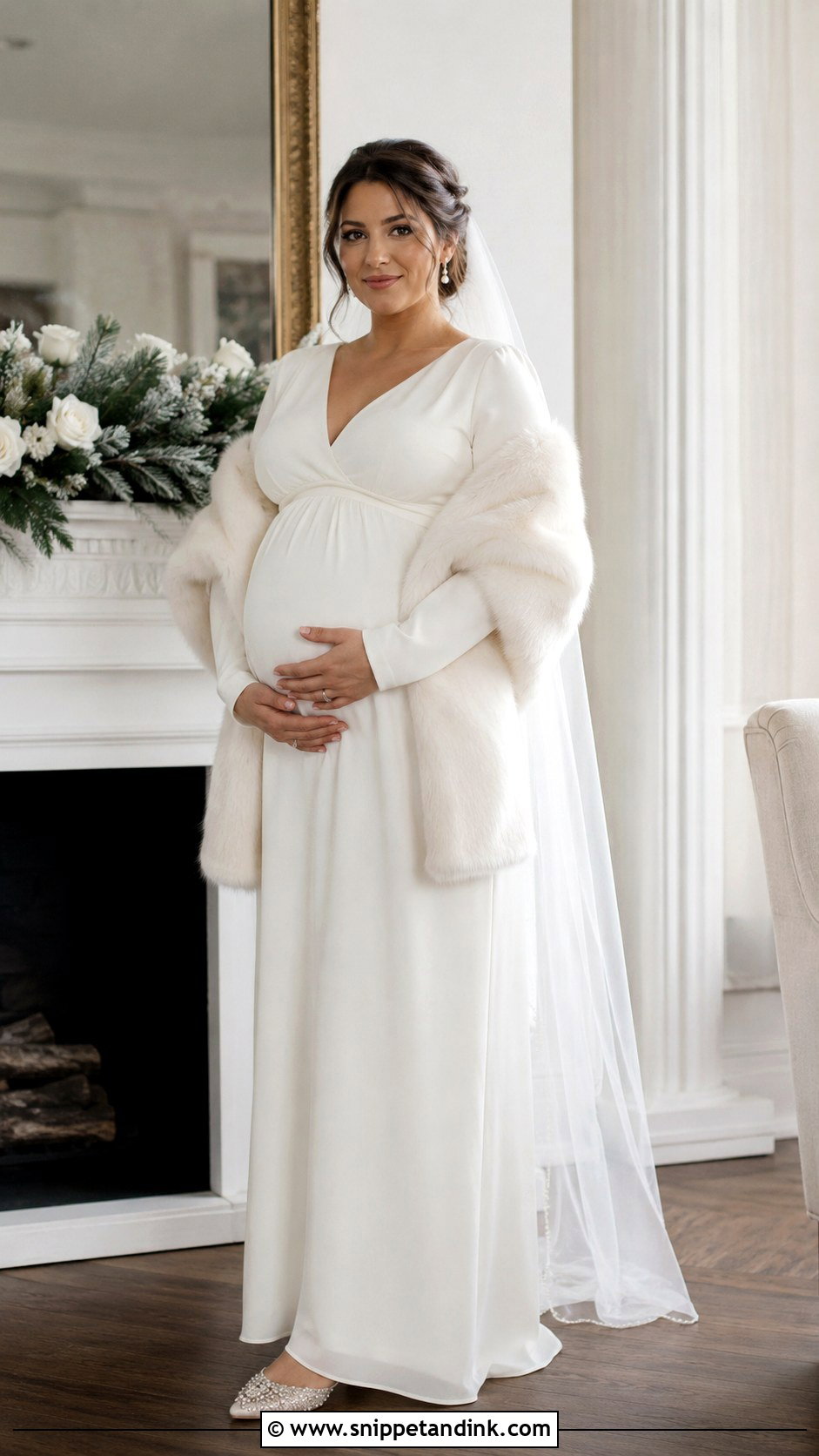 Maternity Winter Bridal Gown With Faux Fur Wrap - Snippet and Ink - 20 Winter Bridal Outfit Ideas