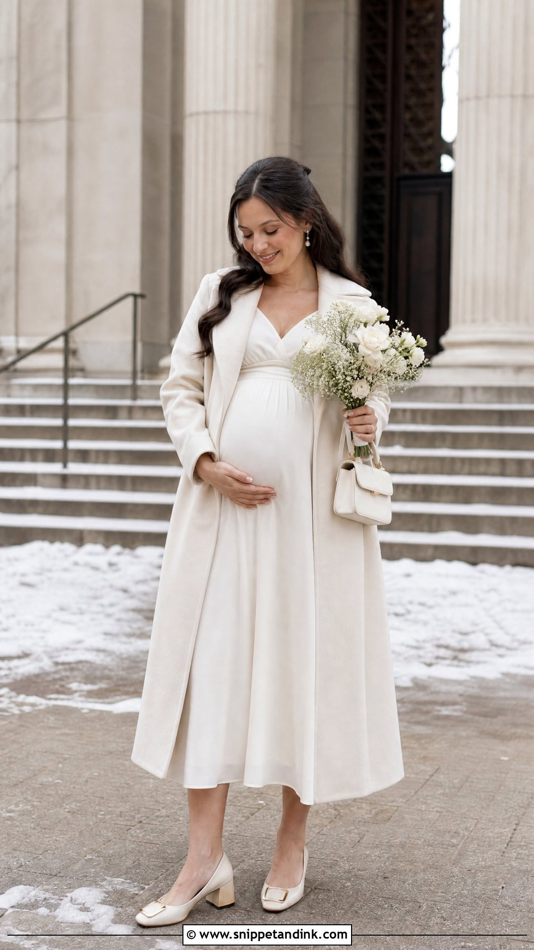Maternity Winter Courthouse Wedding Empire Waist Midi Dress - Snippet and Ink - 20 Winter Courthouse Wedding Outfit Ideas