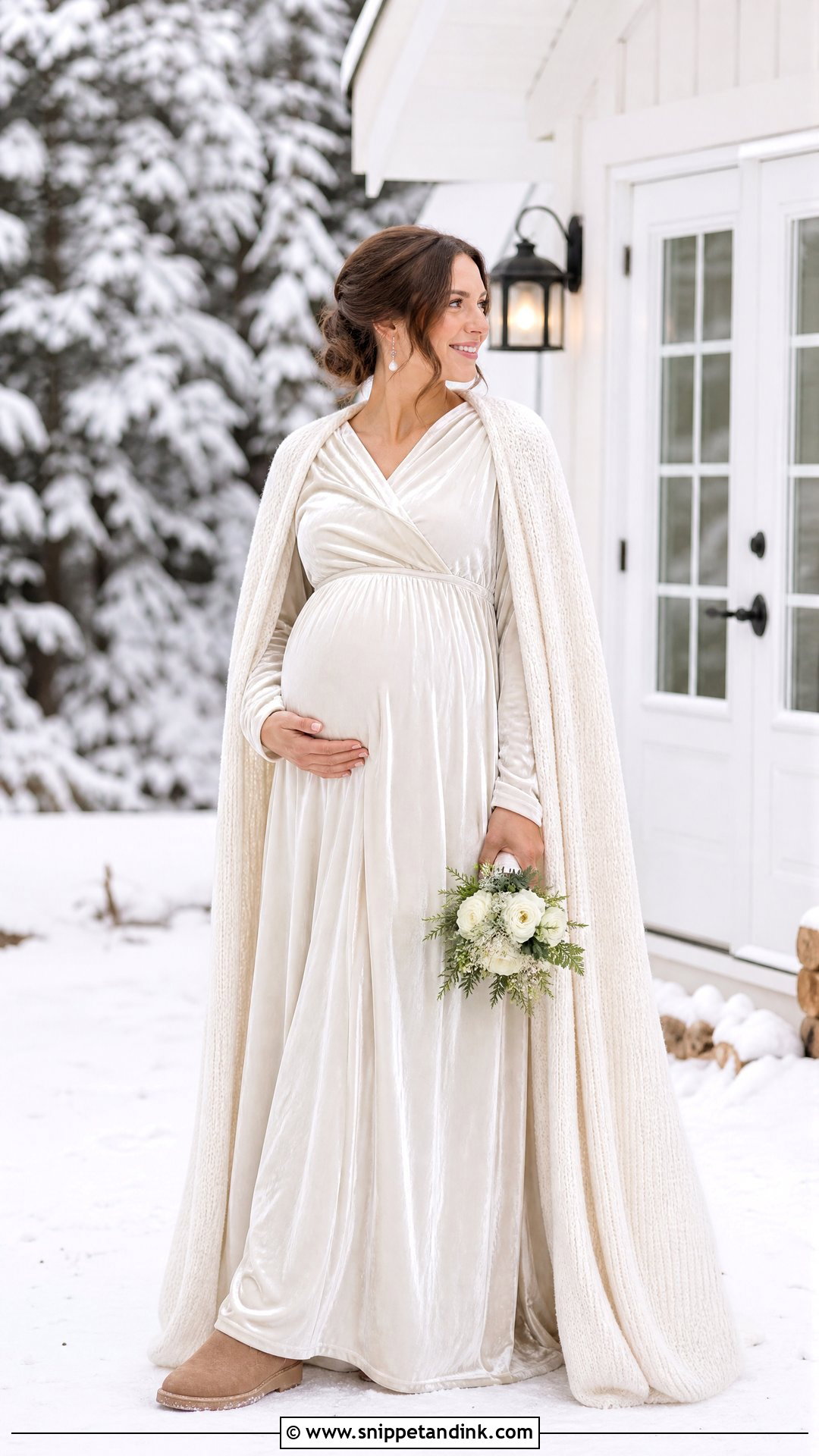Maternity Winter Elopement Empire Waist Dress Outfit - Snippet and Ink - 20 Winter Elopement Outfit Ideas