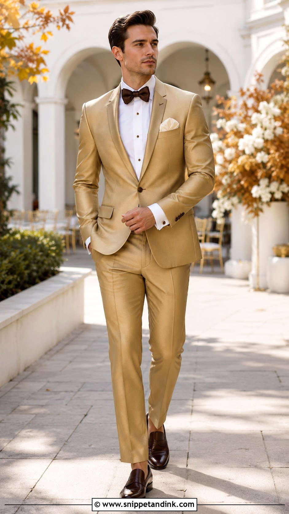Matte Gold Tuxedo With Brown Loafers - Snippet and Ink - 20 Gold Tuxedo Wedding Ideas