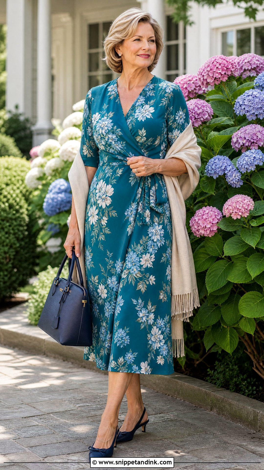 Mature Woman Floral Wrap Dress With Kitten Heels - Snippet and Ink - 20 Summer Garden Party Dress Ideas