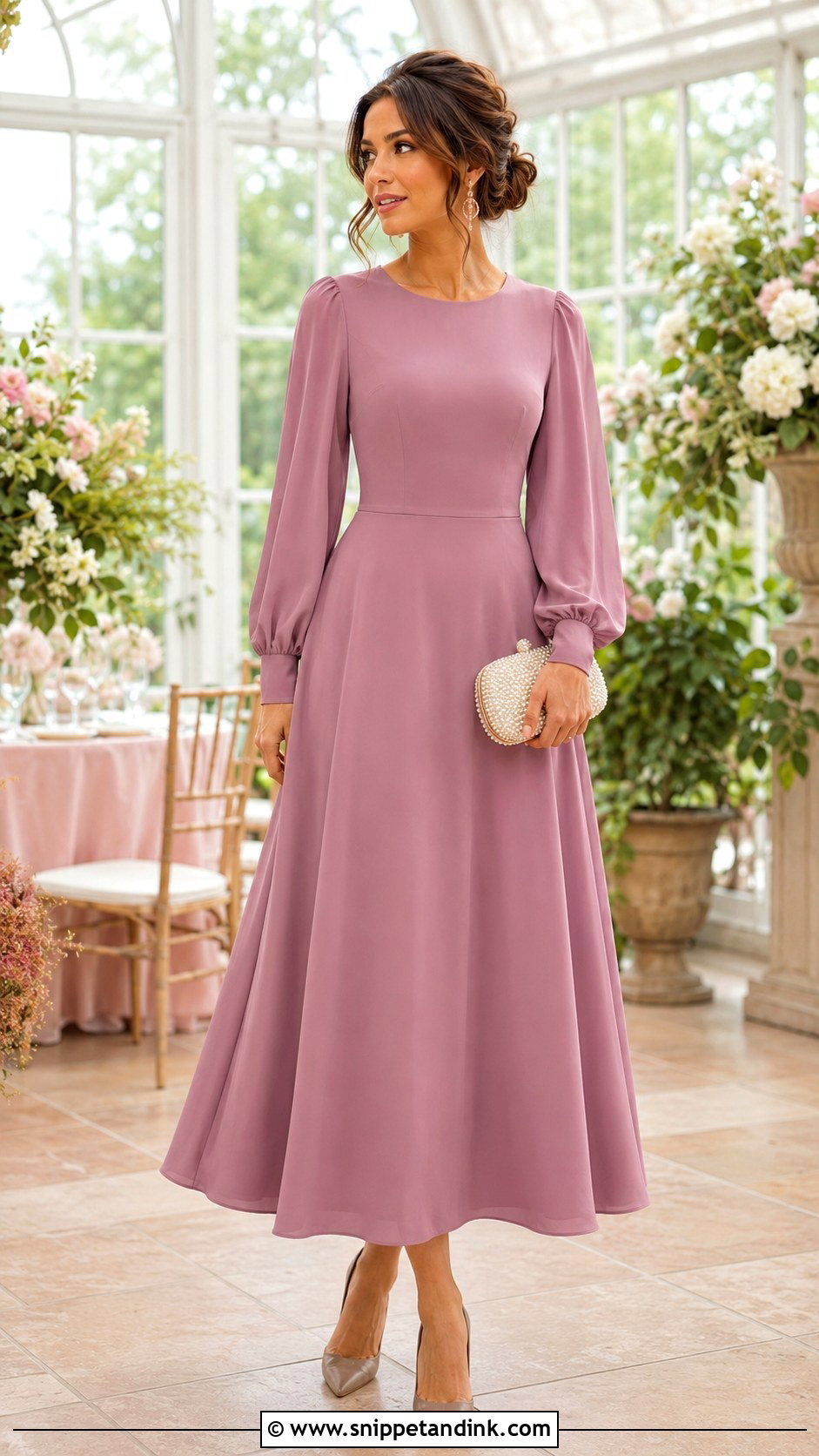 Mauve A Line Long Sleeve Gown - Snippet and Ink - 20 Elegant Long Sleeve Gown Ideas