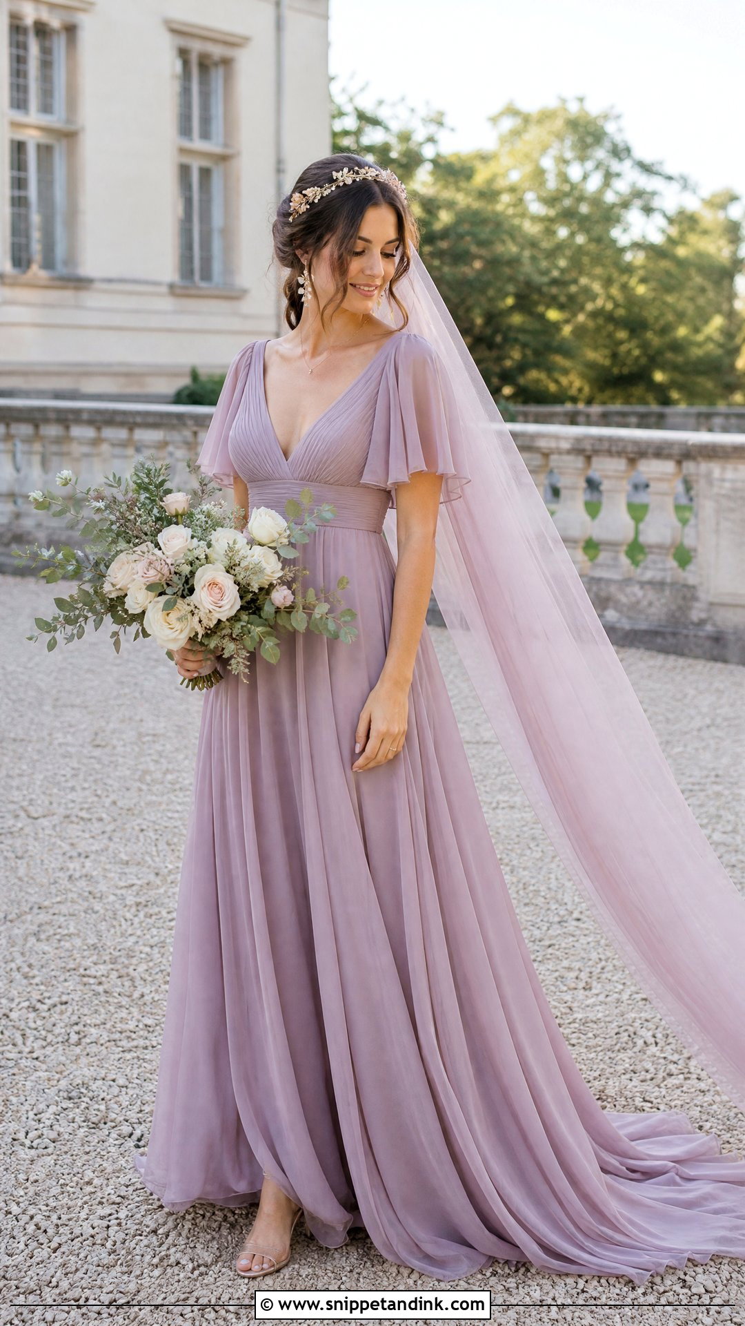 Mauve Chiffon Empire Waist Bridal Gown - Snippet and Ink - 20 Purple Bridal Dress Ideas