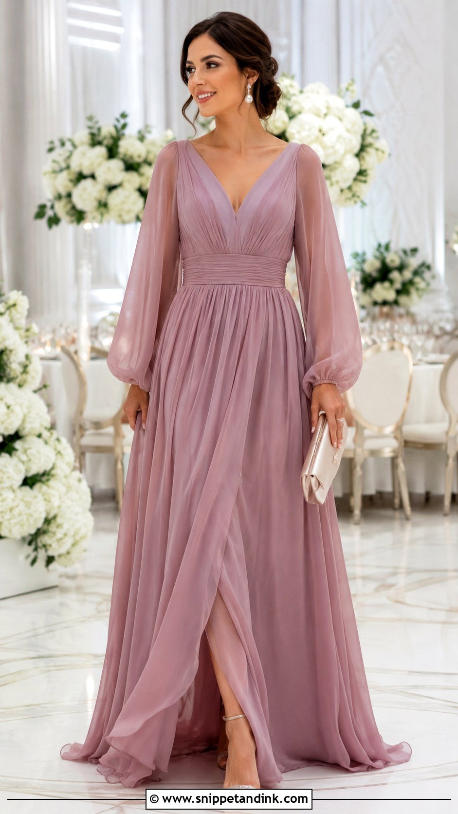 Mauve Chiffon Gown Outfit - Snippet and Ink - 25 White Tie Wedding Ideas