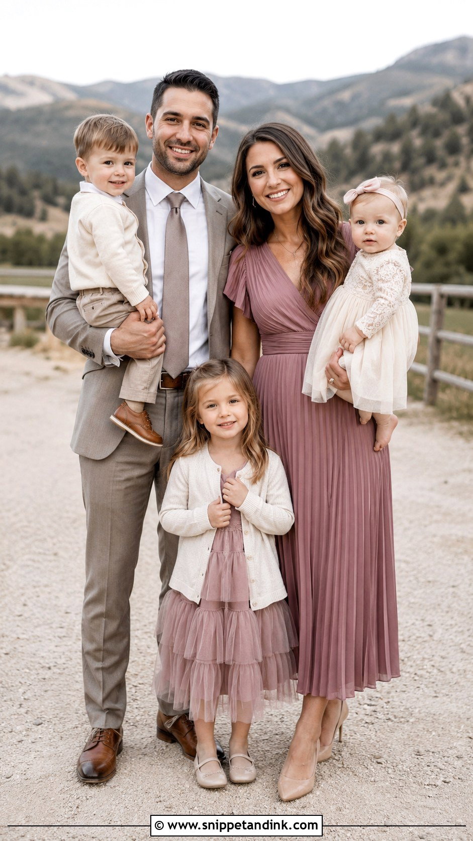 Mauve Dress And Taupe Suit Family Wedding Outfit - Snippet and Ink - 25 Family Wedding Outfits