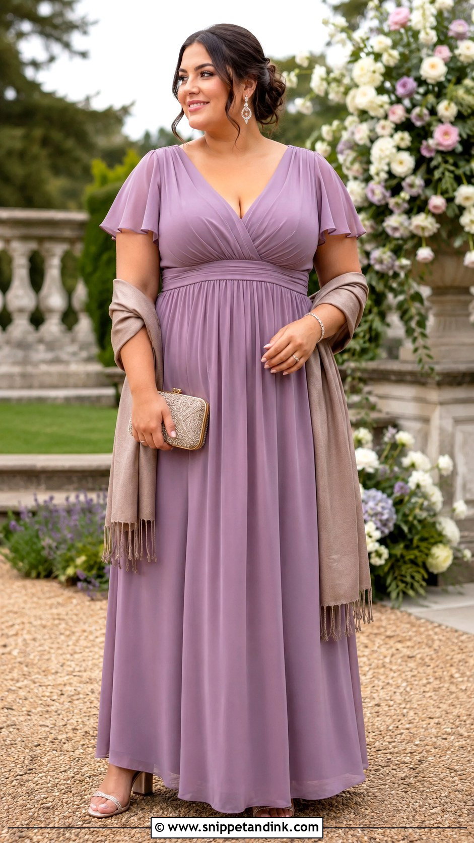 Mauve Empire Waist Maxi Dress With Block Heels - Snippet and Ink - 20 Mauve Dress Outfit Wedding Ideas