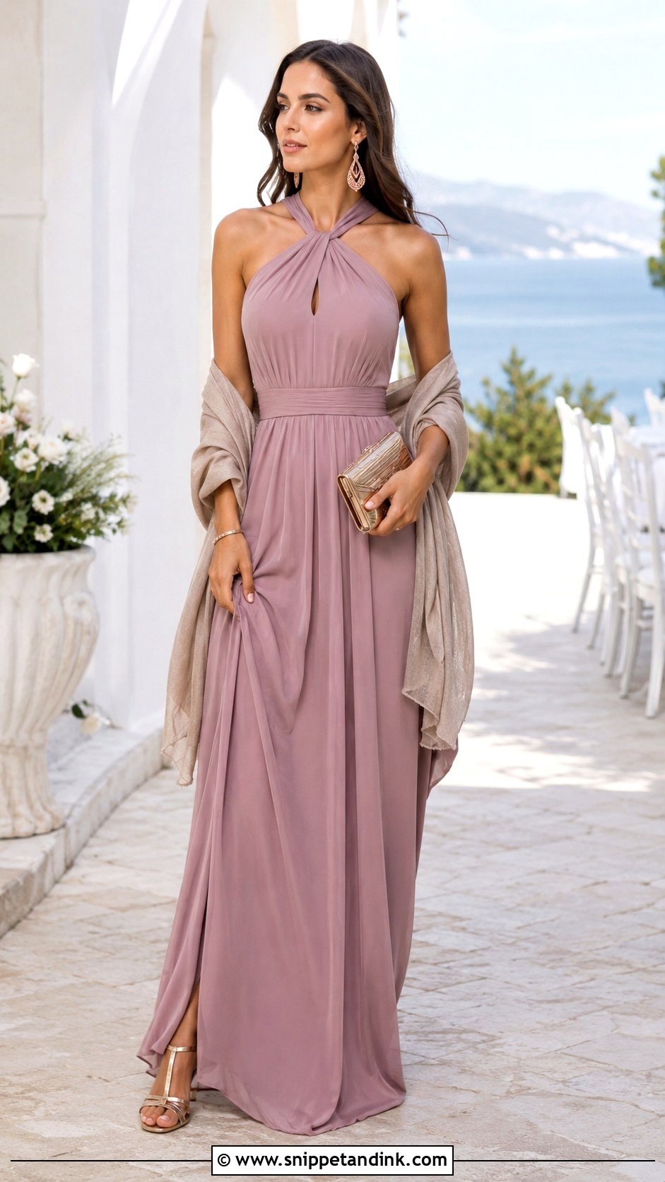 Mauve Halter Maxi Dress With Rose Gold Heels - Snippet and Ink - 20 Mauve Dress Outfit Wedding Ideas