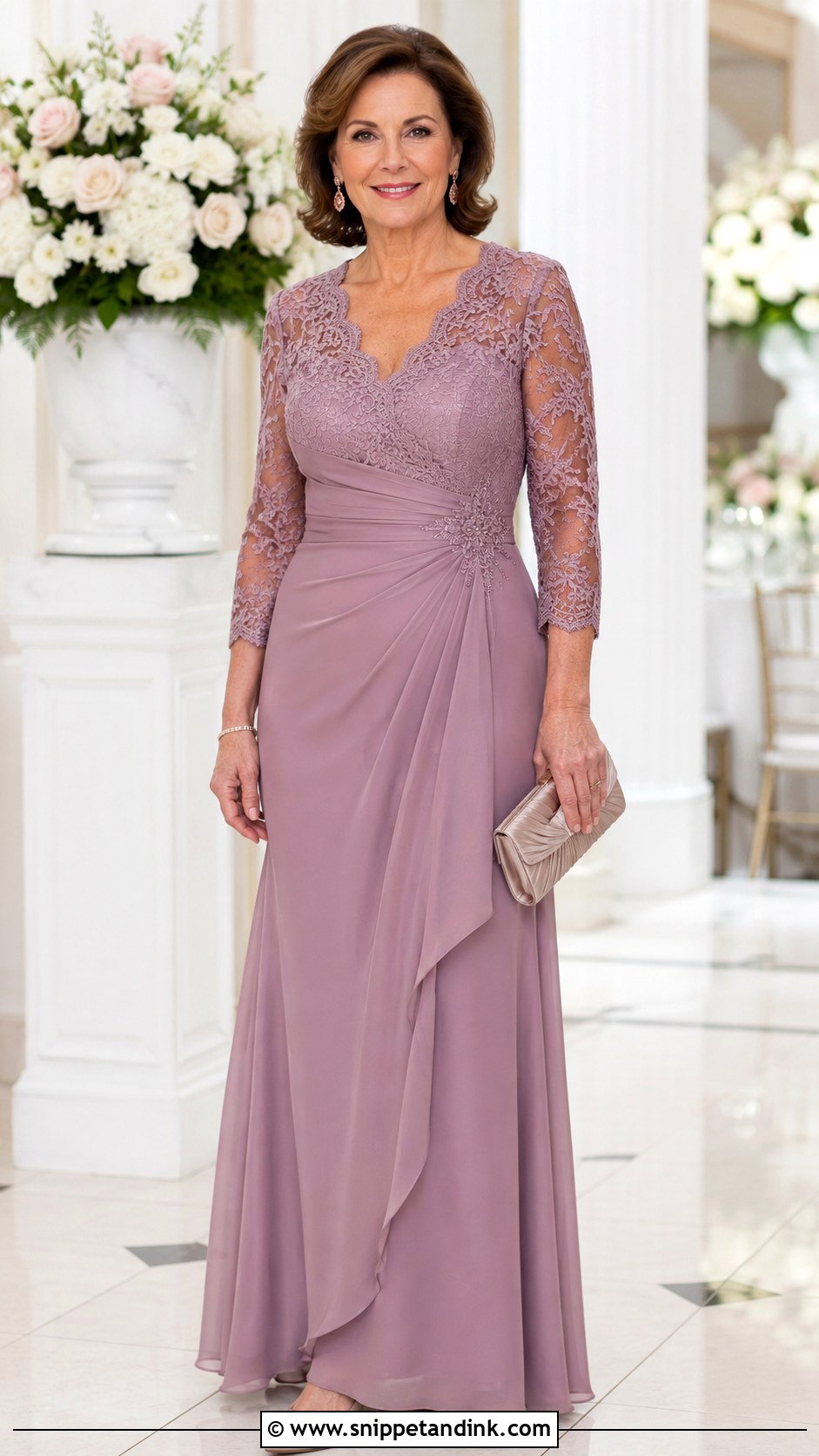 Mauve Lace Sleeve Wedding Guest Gown - Snippet and Ink - 20 Long Gown for Wedding Ideas