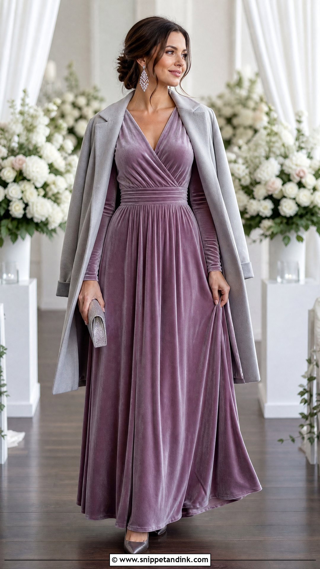 Mauve Long Sleeve Maxi Dress Winter Wedding Outfit - Snippet and Ink - 20 Winter Outfit for Wedding Ideas