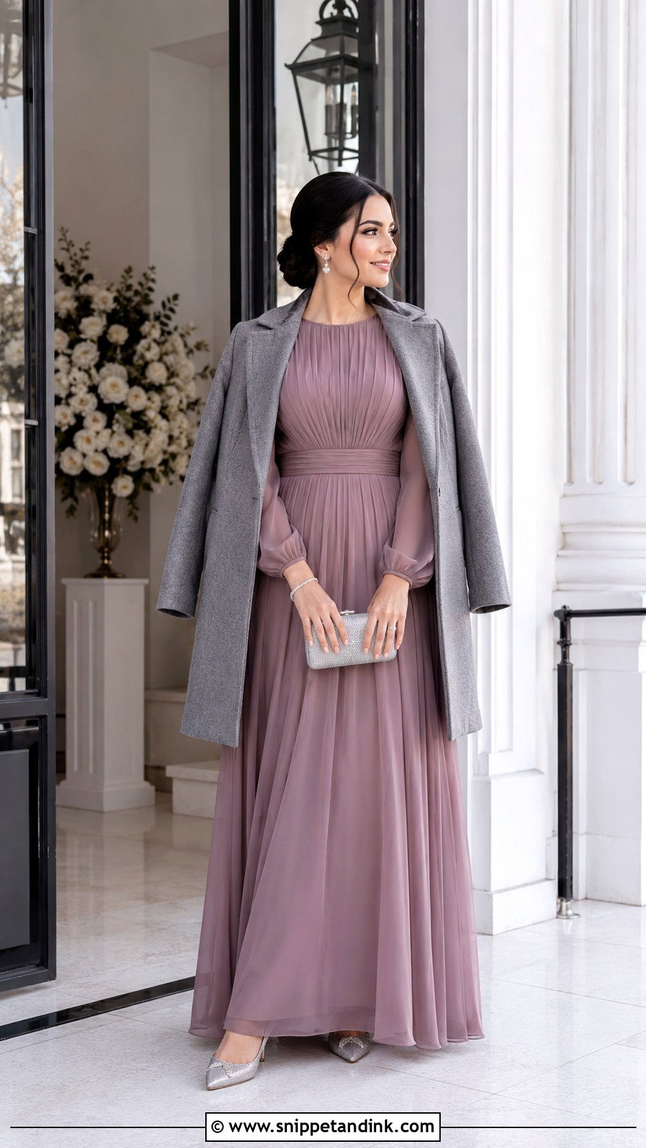 Mauve Long Sleeve Maxi Dress With Silver Flats - Snippet and Ink - 20 Mauve Dress Outfit Wedding Ideas