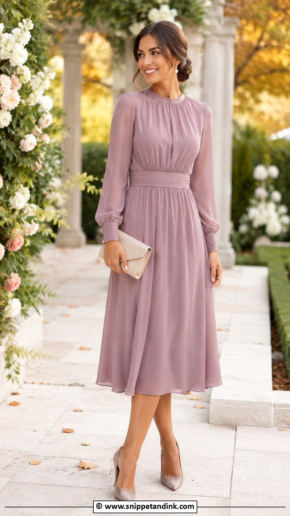 Mauve Long Sleeve Midi Dress - Snippet and Ink - 30 Fall Wedding Dress Ideas