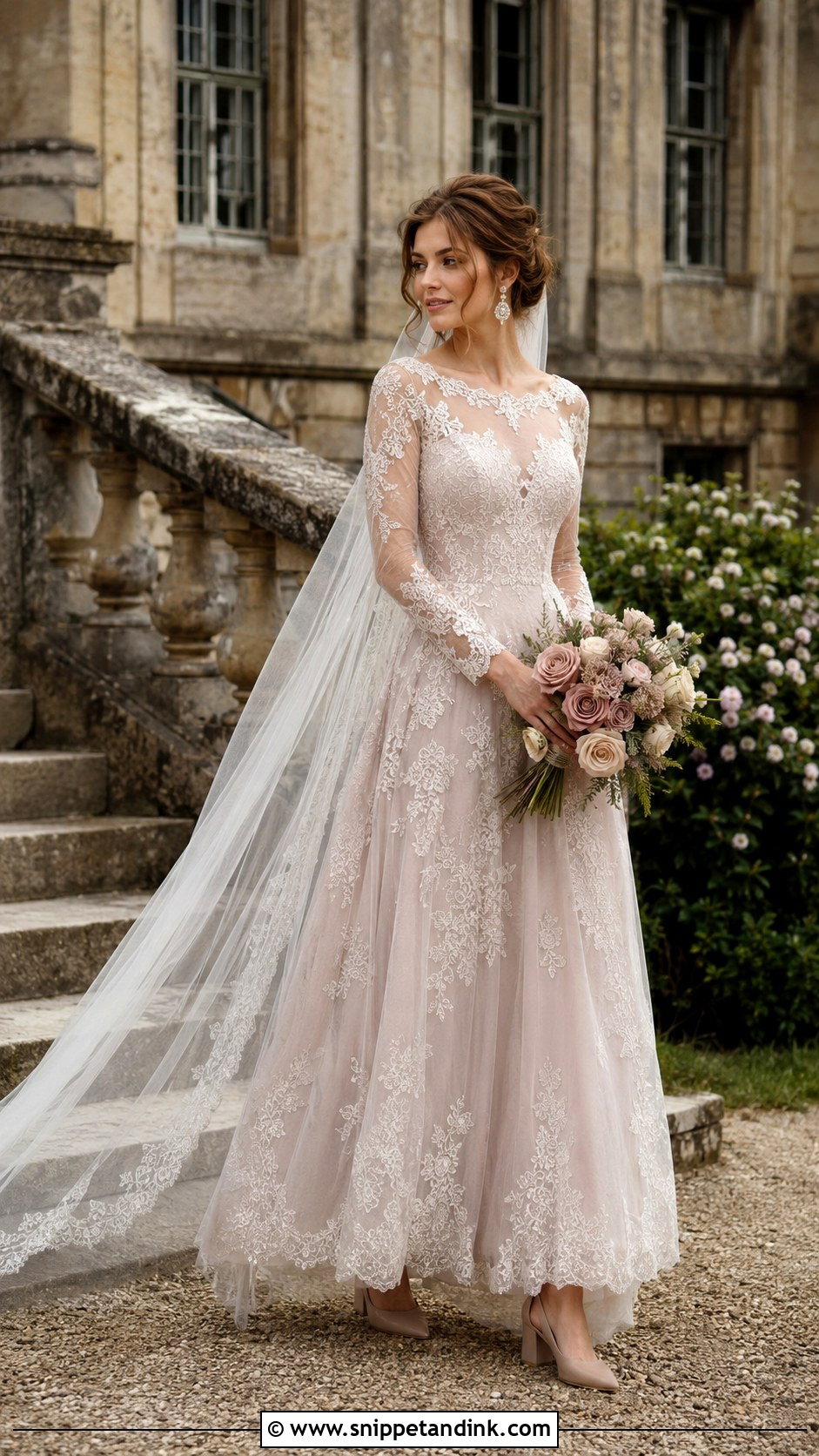 Mauve Long Sleeve Purple Wedding Dress With Vintage Accessories - Snippet and Ink - 20 Purple Wedding Dress the Bride Ideas
