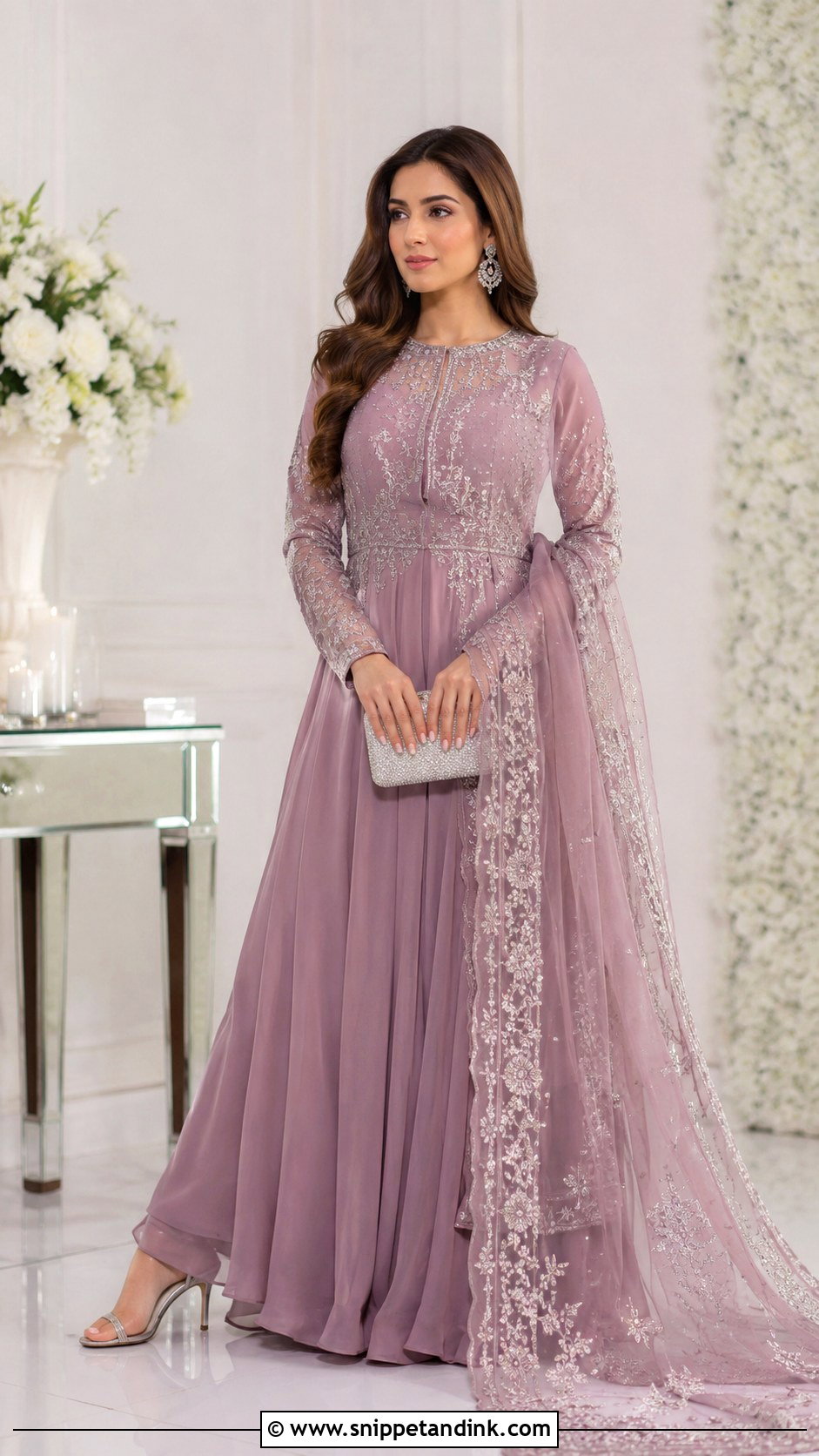 Mauve Maxi Dress With Embroidered Dupatta - Snippet and Ink - 30 Pakistani Wedding Dresses