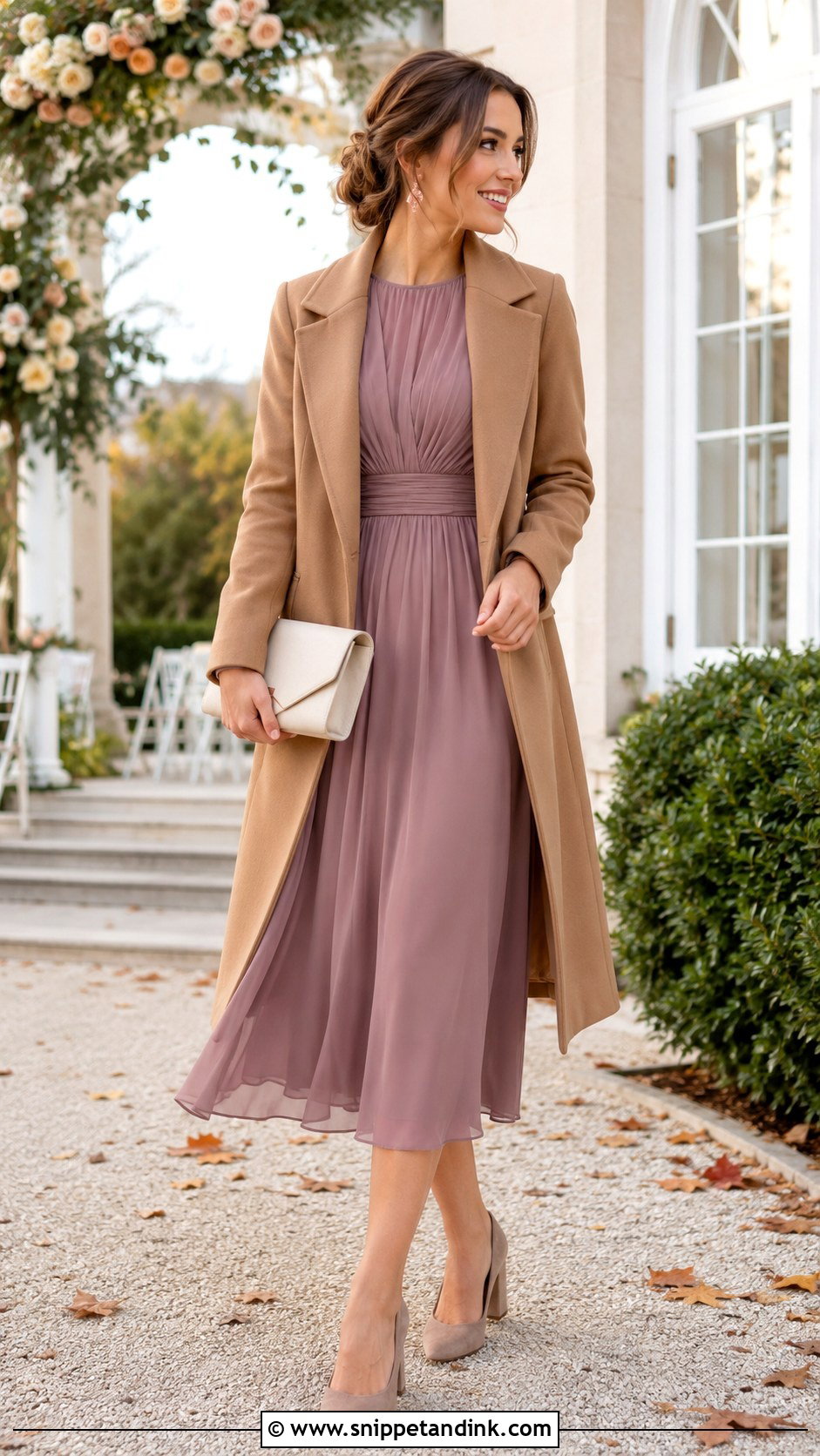 Mauve Midi Dress And Camel Coat Fall Wedding Outfit - Snippet and Ink - 20 Fall Semi Formal Wedding Attire Ideas