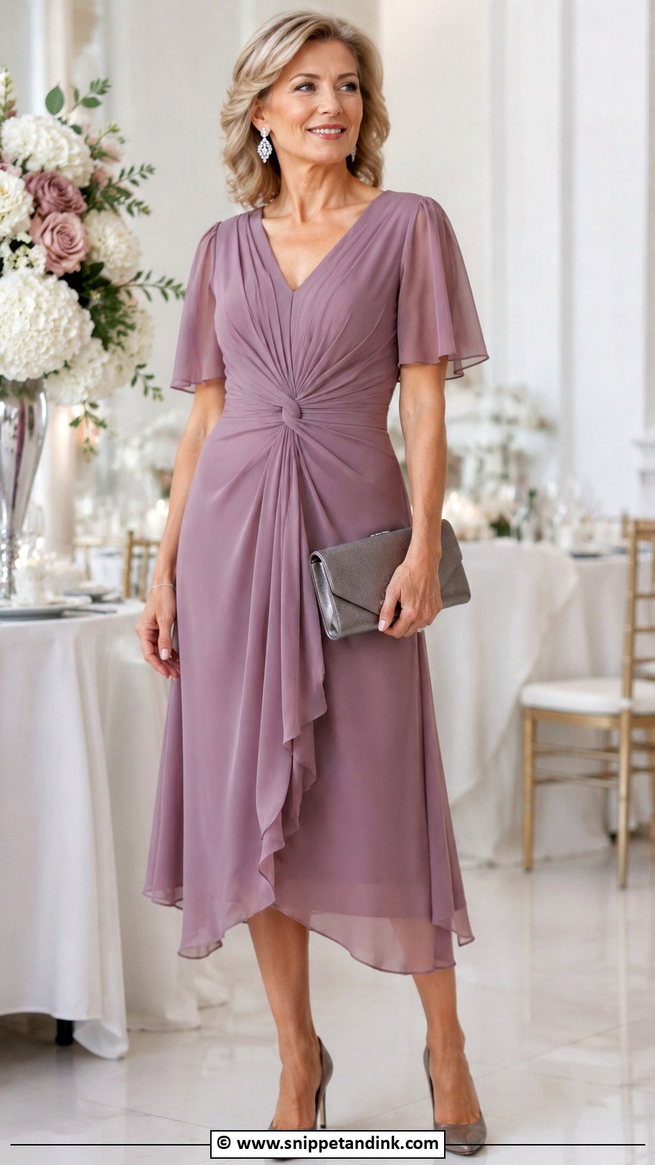 Mauve Mother Of The Bride Dress With Crystal Earrings - Snippet and Ink - 25 Mom of the Bride Dress Ideas