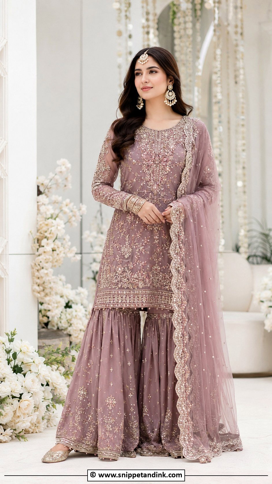 Mauve Nikkah Gharara With Kundan Jewelry - Snippet and Ink - 30 Nikkah Look Ideas