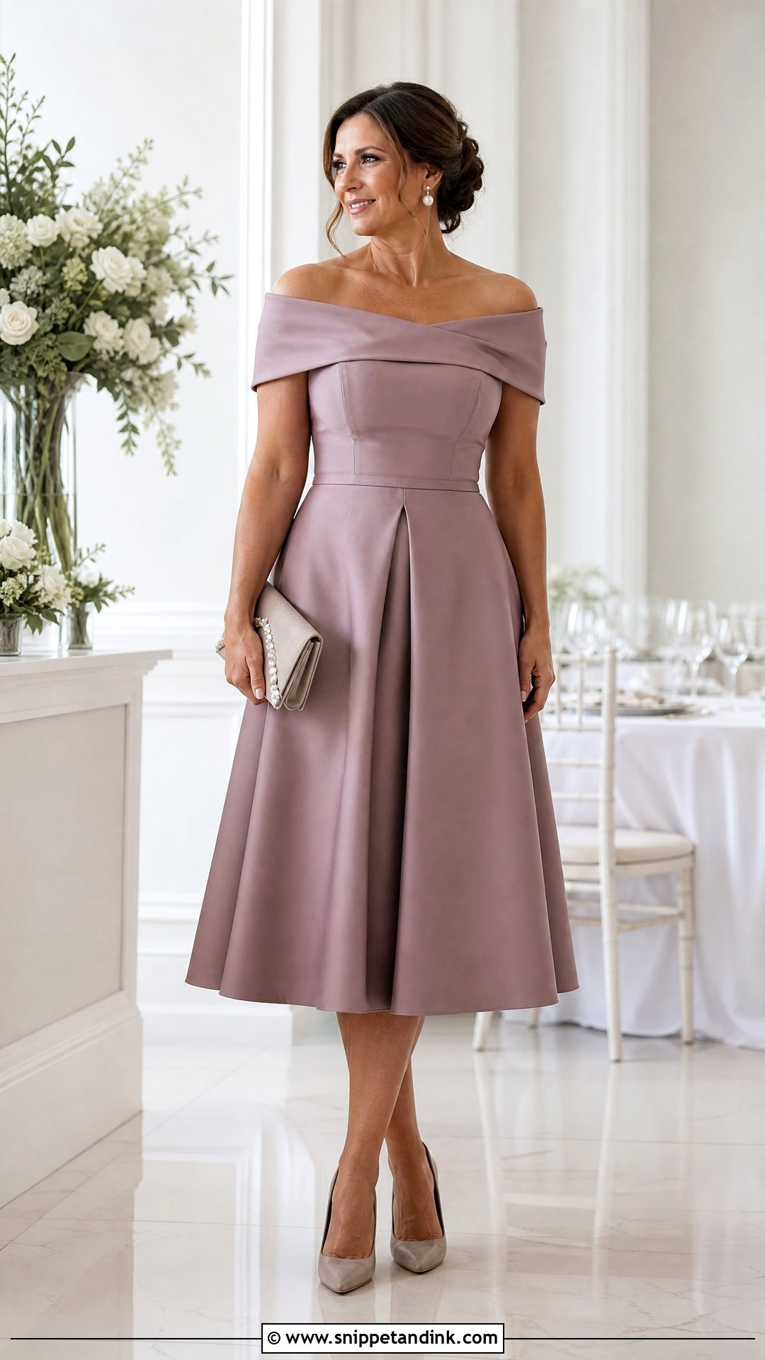 Mauve Off Shoulder Wedding Godmother Dress - Snippet and Ink - 20 Wedding Godmother Dress Ideas