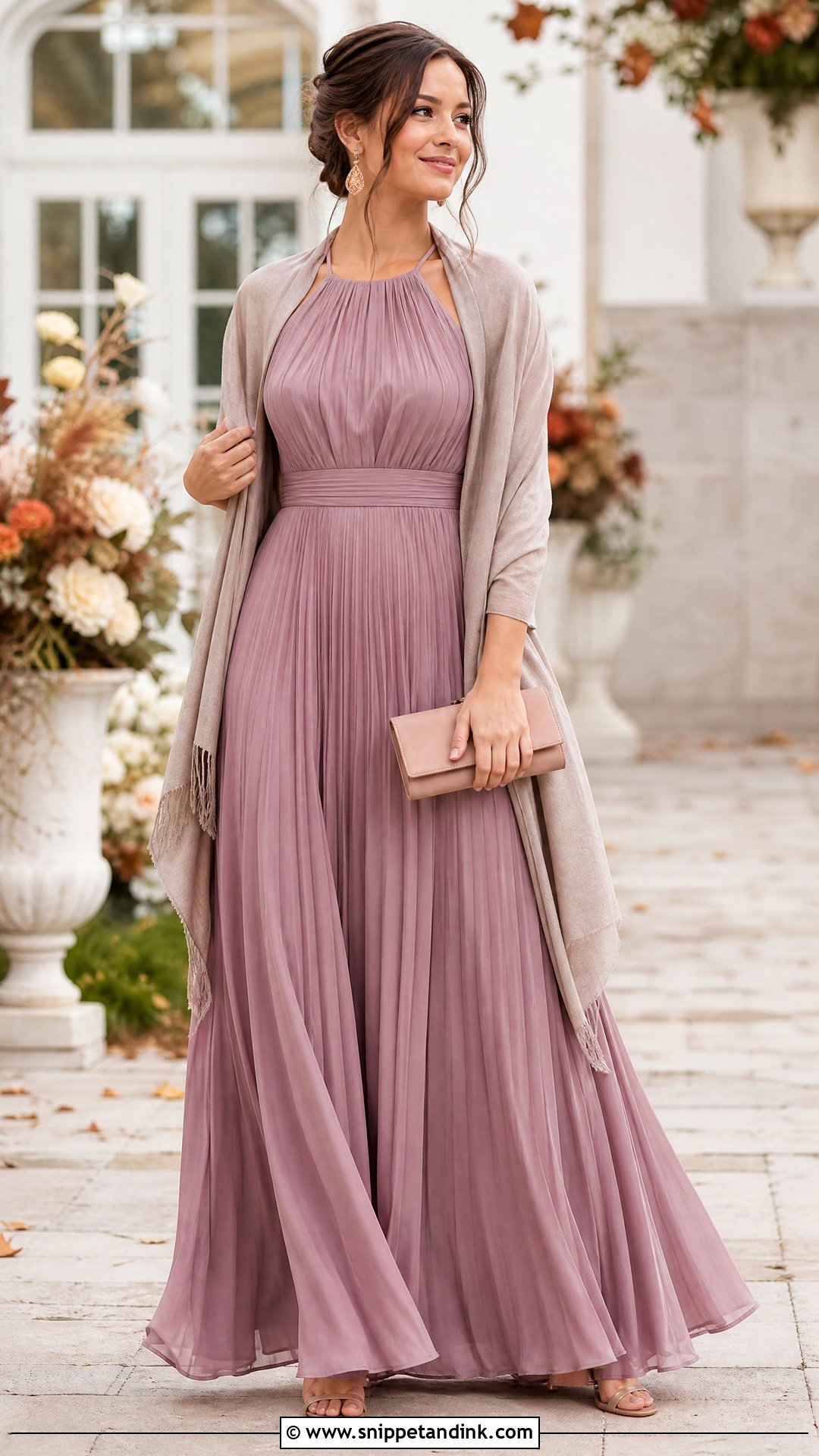 Mauve Pleated Fall Bridesmaid Gown - Snippet and Ink - 20 Fall Wedding Party Attire Ideas