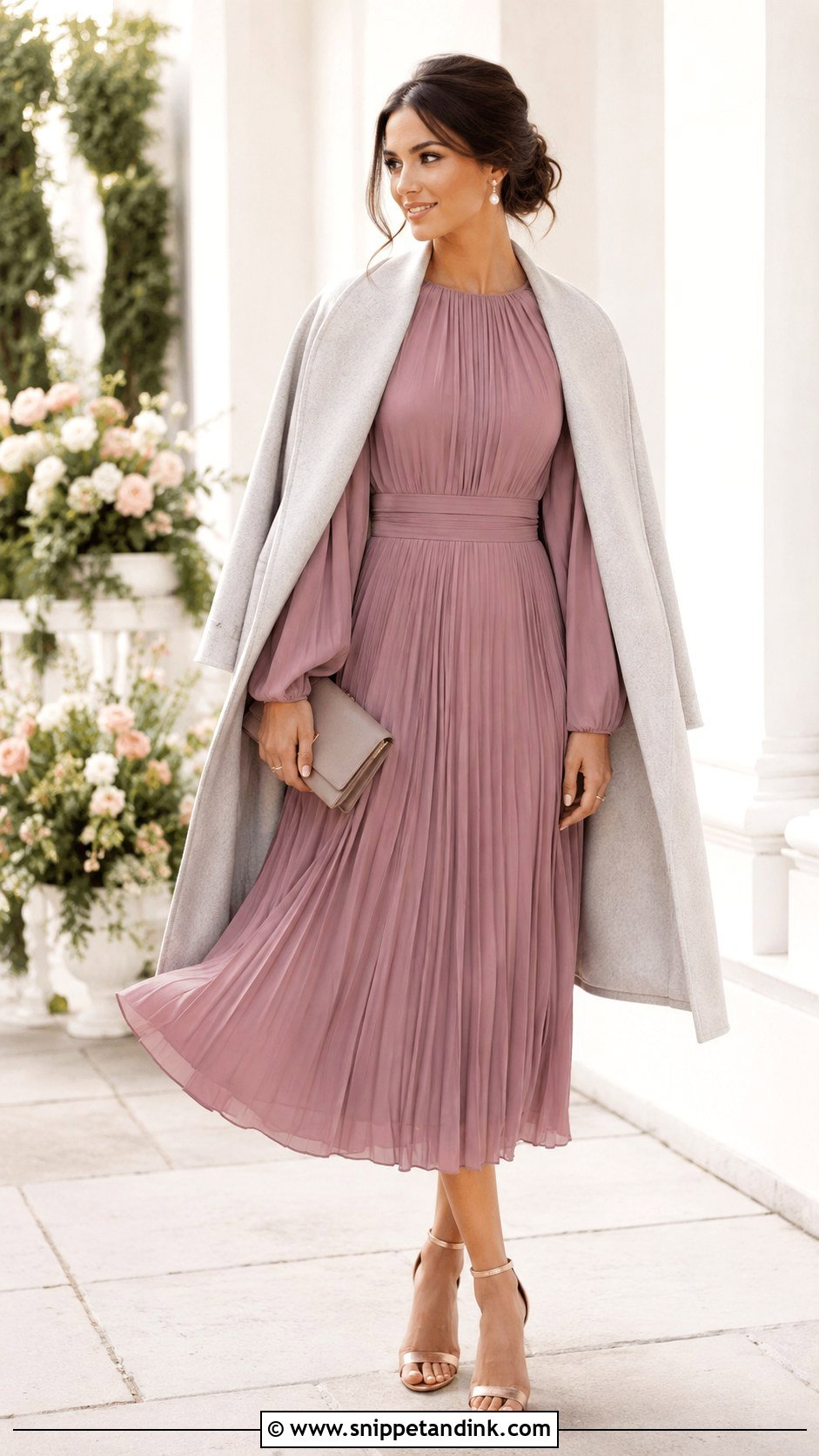 Mauve Pleated Fall Wedding Dress With Rose Gold Heels - Snippet and Ink - 20 Fall Wedding Dresses