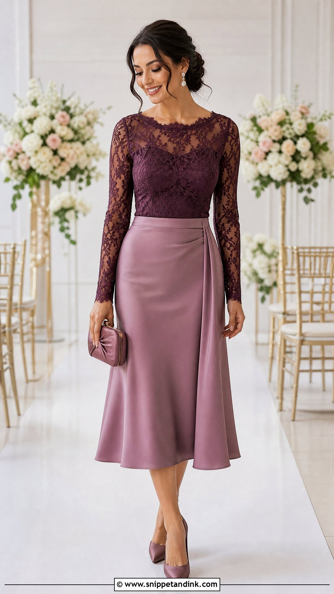 Mauve Satin Skirt With Lace Blouse - Snippet and Ink - 20 Satin Skirt Wedding Outfit Ideas