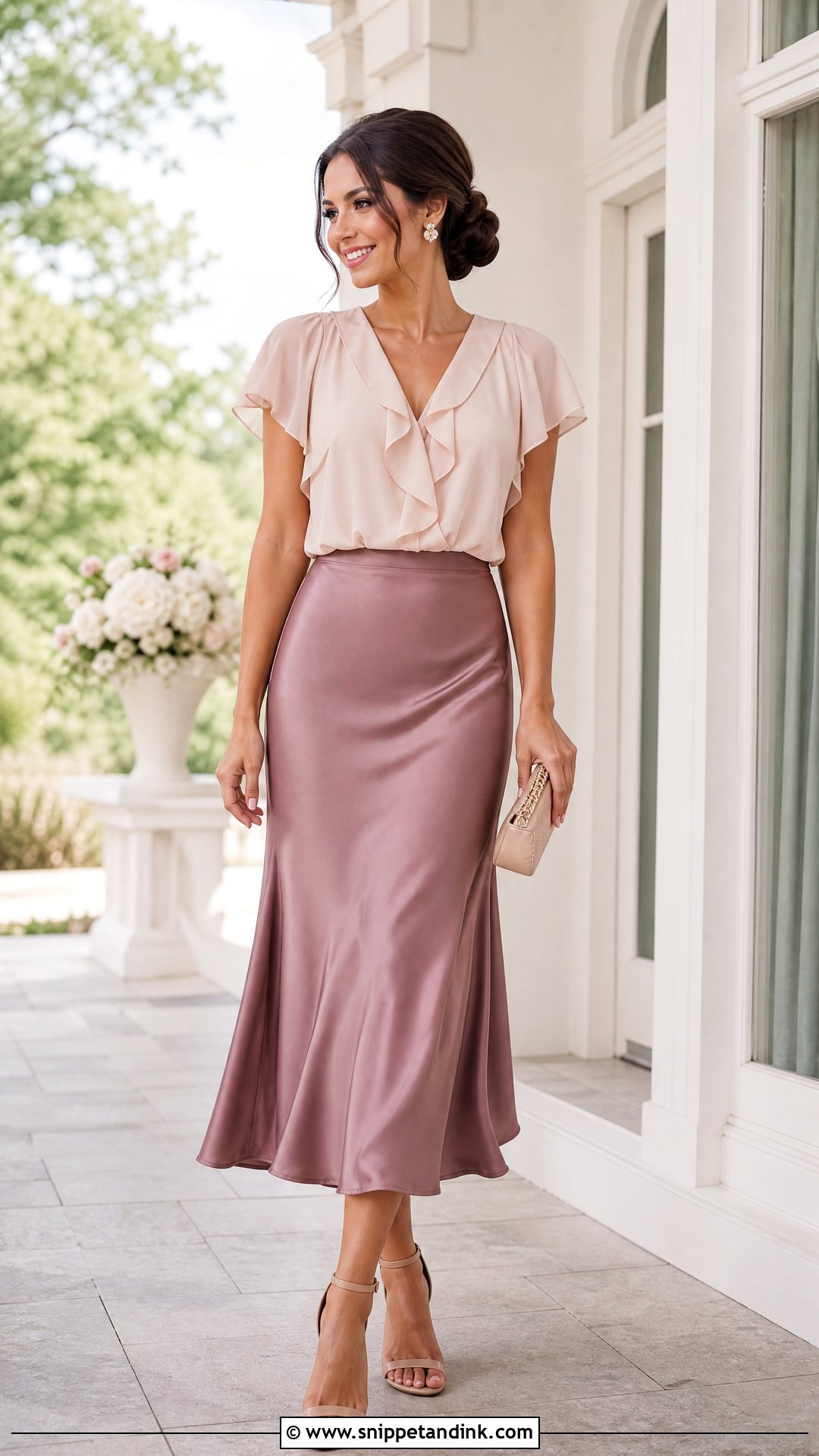 Mauve Satin Skirt With Ruffle Blouse - Snippet and Ink - 25 Classy Satin Skirt Wedding Outfit Ideas