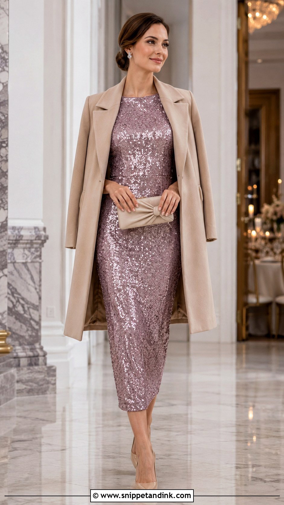 Mauve Sequin Dress With Minimal Accessories - Snippet and Ink - 20 Mauve Dress Outfit Wedding Ideas