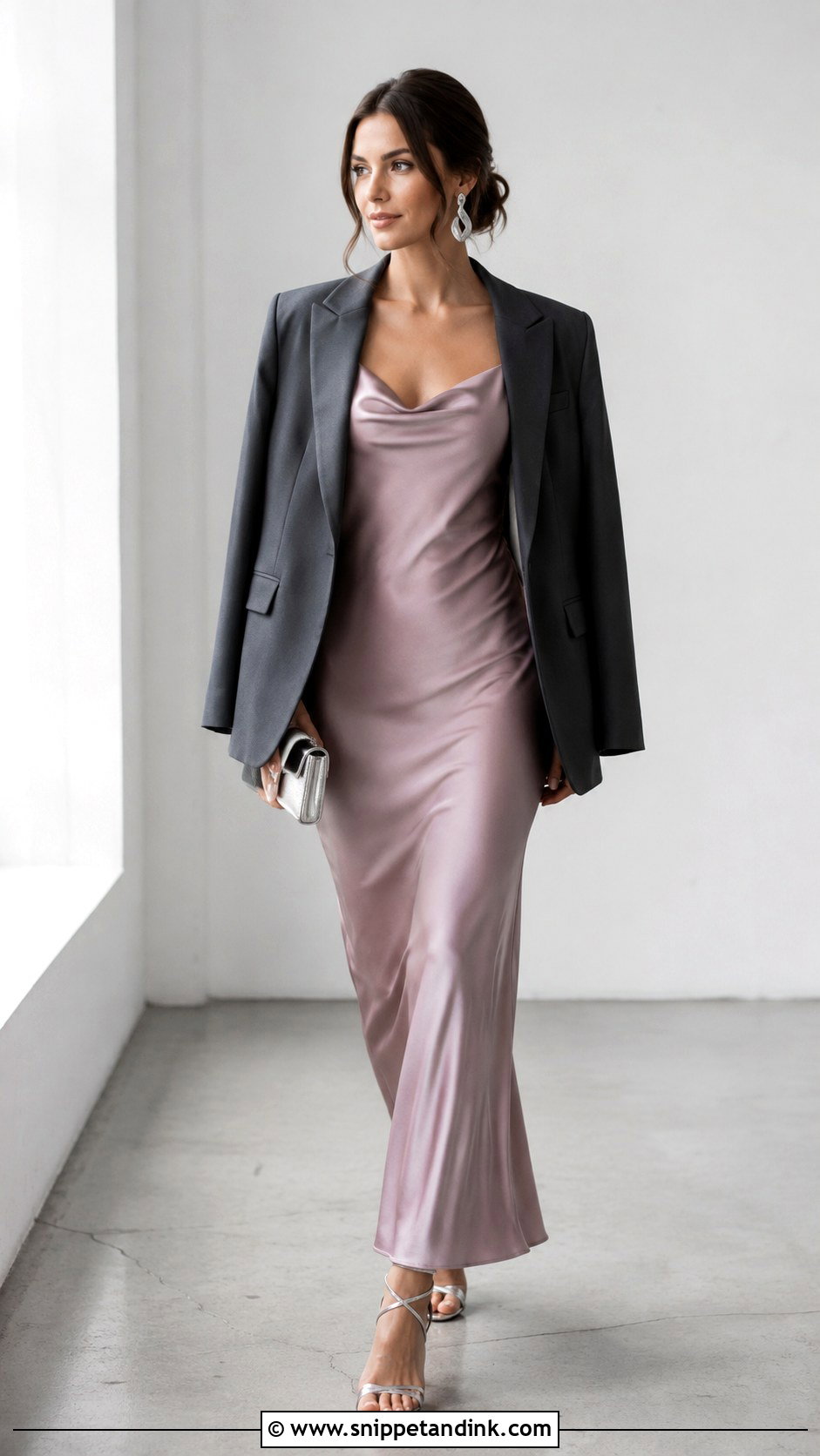 Mauve Slip Dress With A Tailored Blazer - Snippet and Ink - 20 Mauve Dress Outfit Wedding Ideas