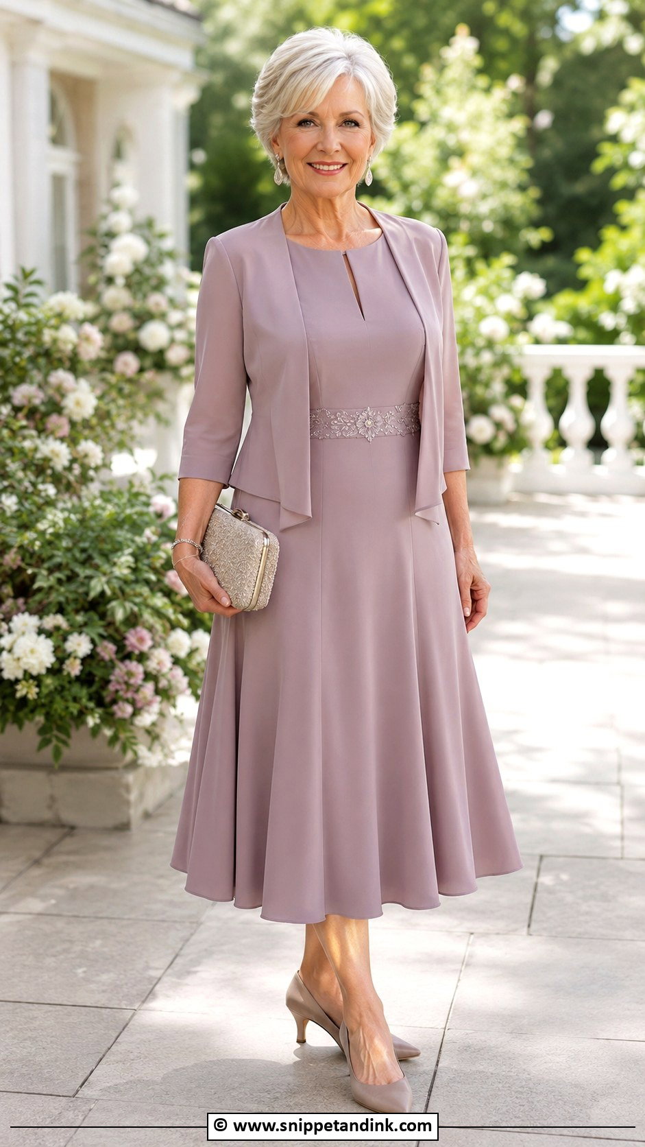 Mauve Tea Length Dress Outfit - Snippet and Ink - 25 Grandma Wedding Outfit Ideas