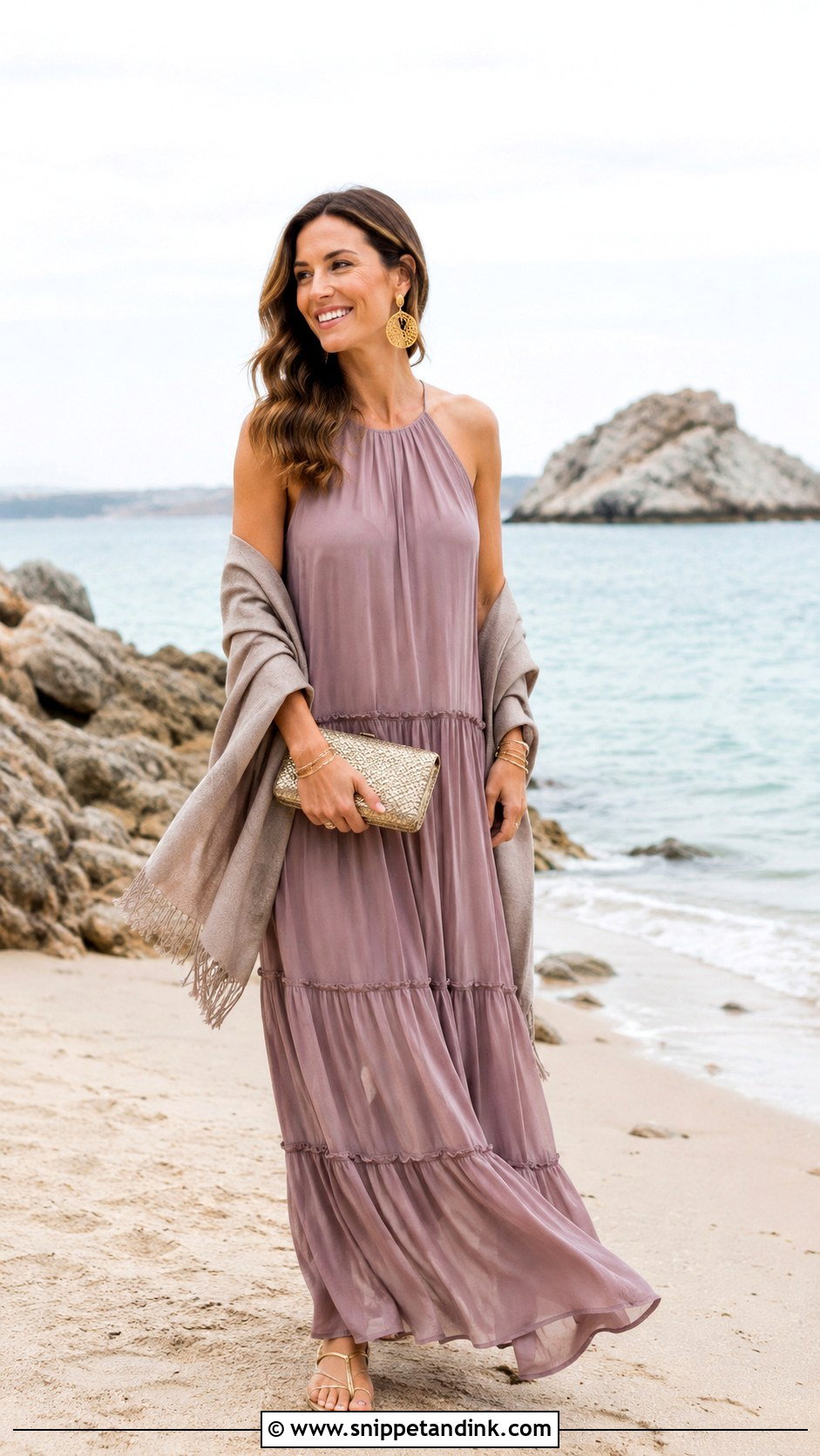 Mauve Tiered Maxi Dress With Flat Sandals - Snippet and Ink - 20 Mauve Dress Outfit Wedding Ideas