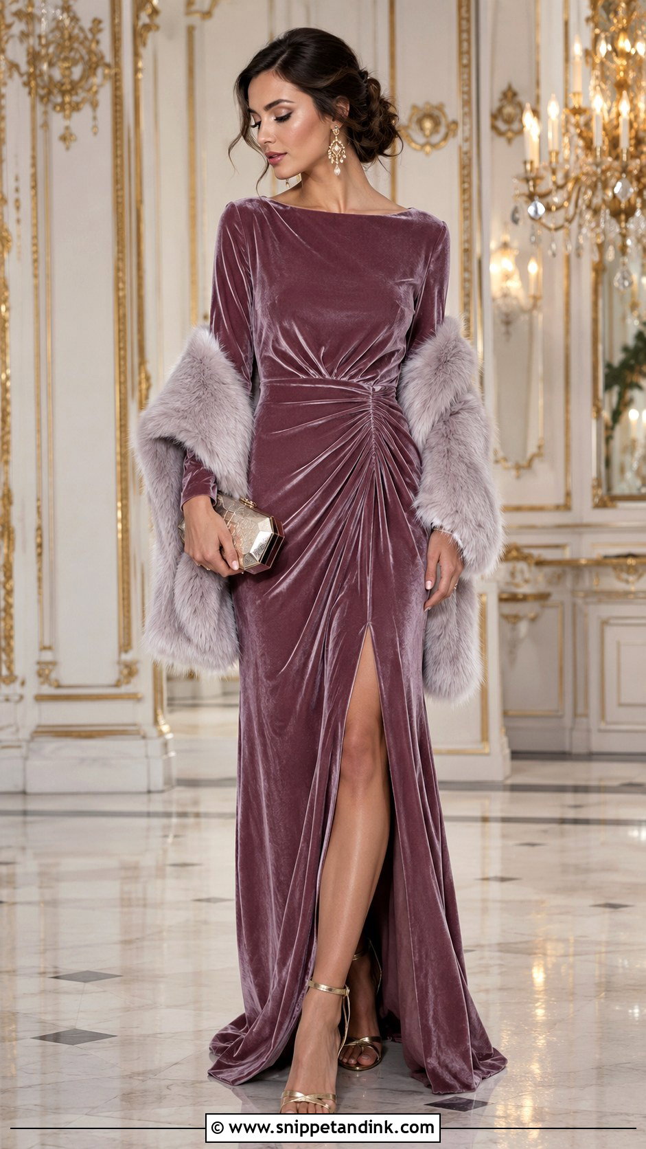 Mauve Velvet Maxi Dress With Gold Sandals - Snippet and Ink - 20 Mauve Dress Outfit Wedding Ideas