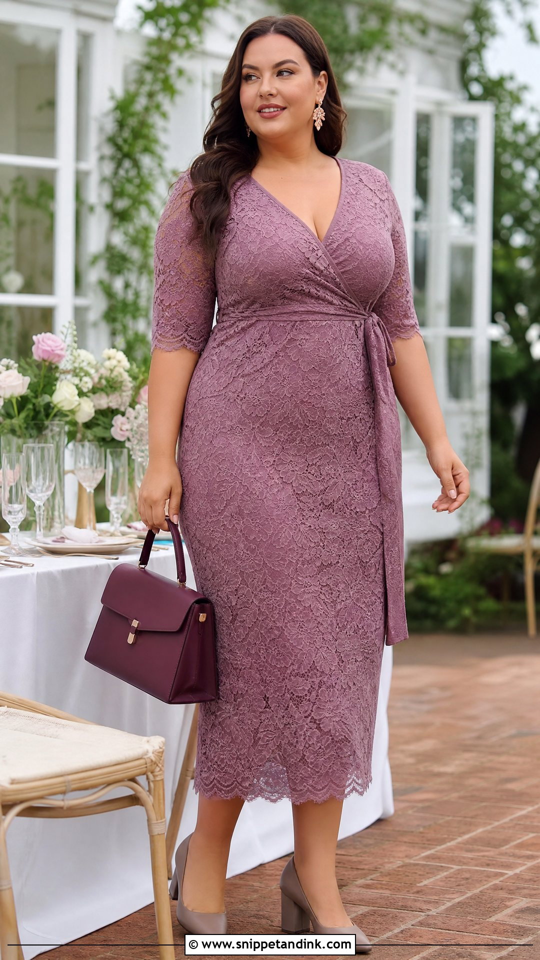 Mauve Wrap Lace Dress for Curvy Women - Snippet and Ink - 20 Lace Dress for Wedding Ideas