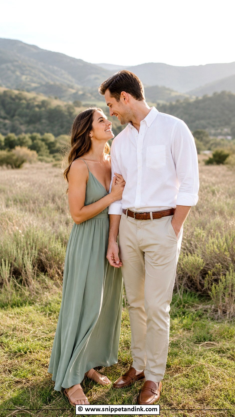 Maxi Dress And Button Down Couple Photoshoot Outfit - Snippet and Ink - 30 Couple Photoshoot Outfits