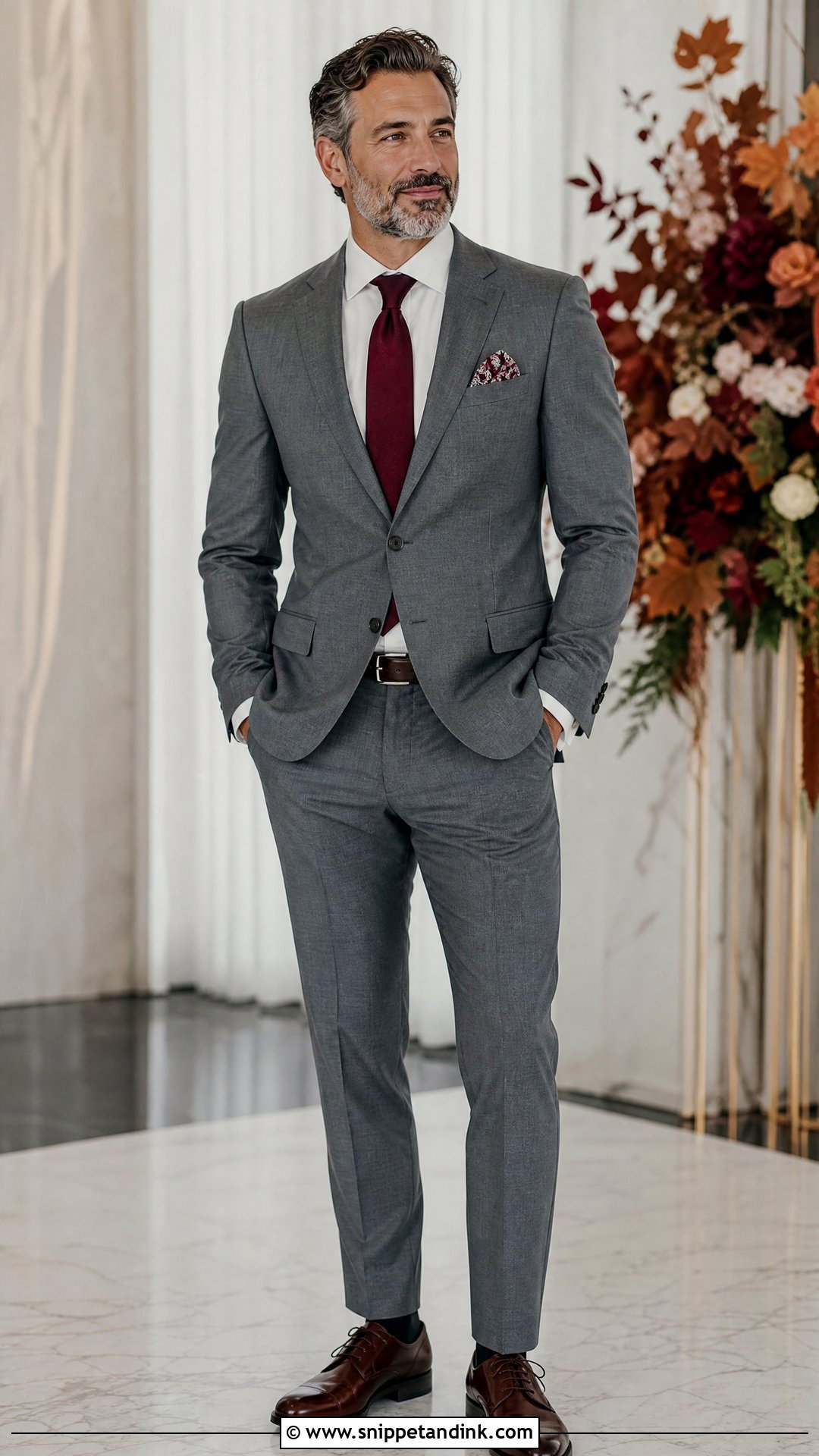 Medium Gray Suit With Burgundy Tie Father Wedding Outfit - Snippet and Ink - 20 Wedding Outfit for Father Ideas