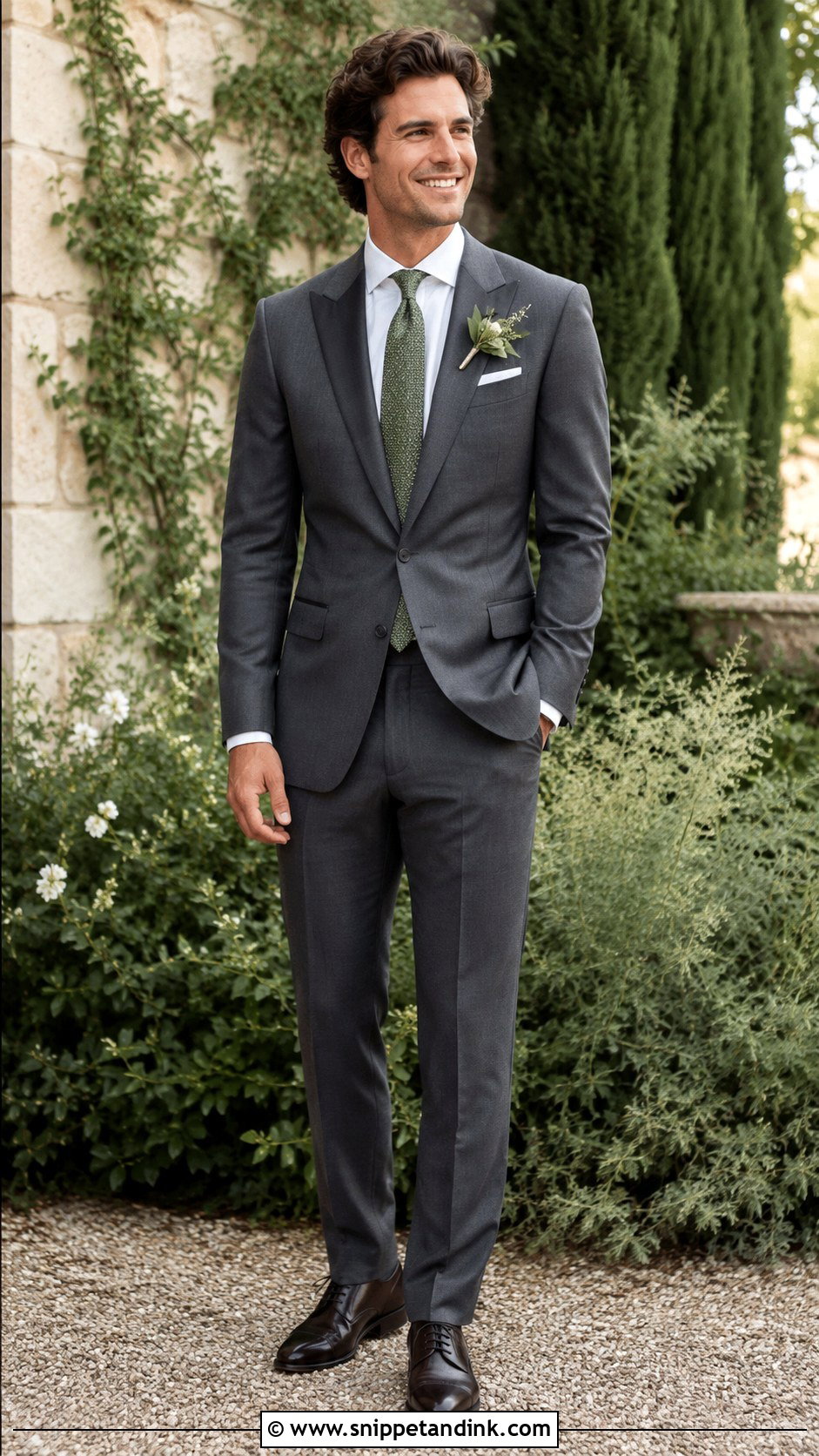 Medium Gray Tuxedo With Sage Green Tie - Snippet and Ink - 20 Gray Tuxedo Wedding Ideas