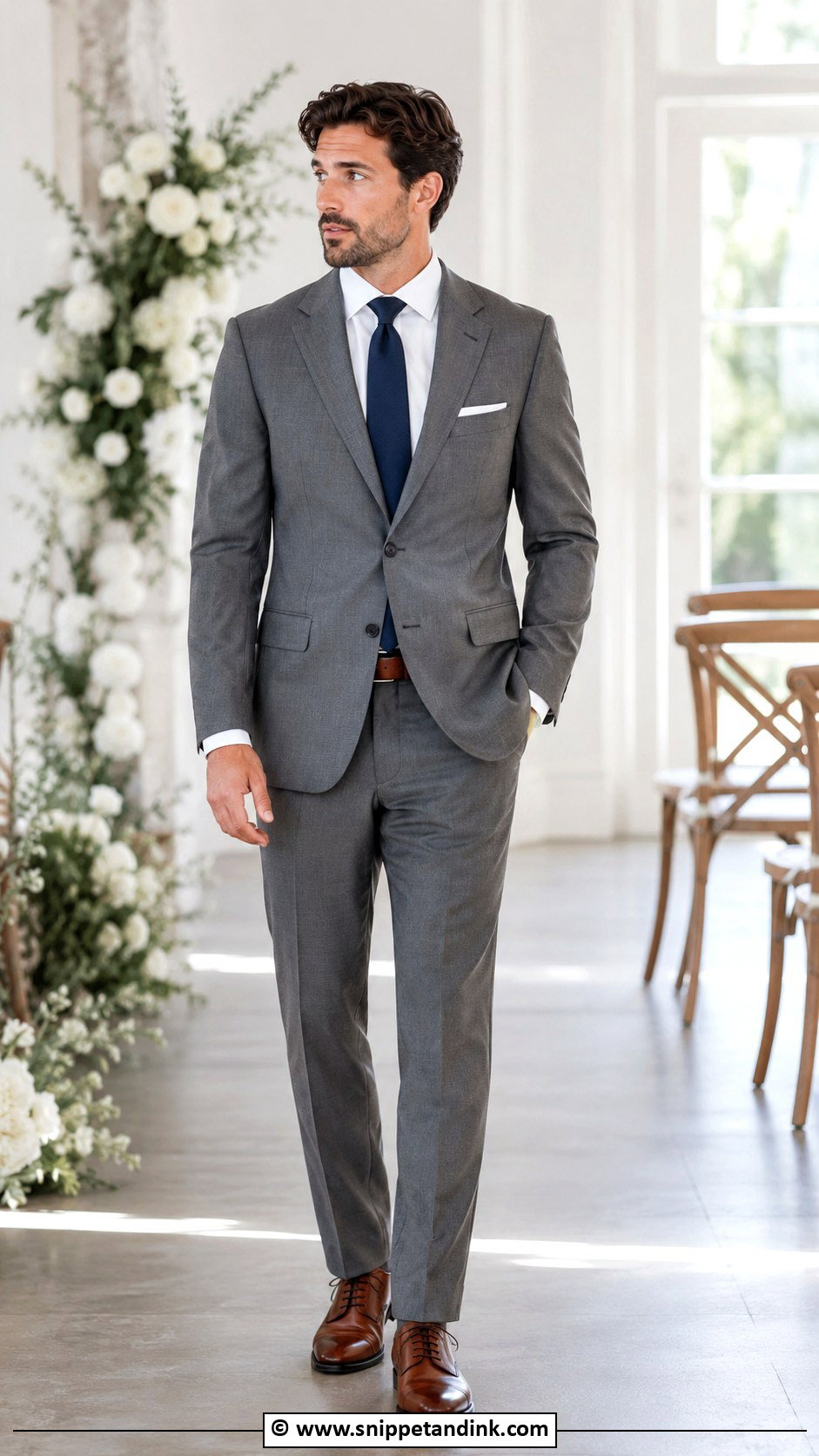 Medium Grey Suit With Navy Tie - Snippet and Ink - 30 Grey Suit Wedding Ideas
