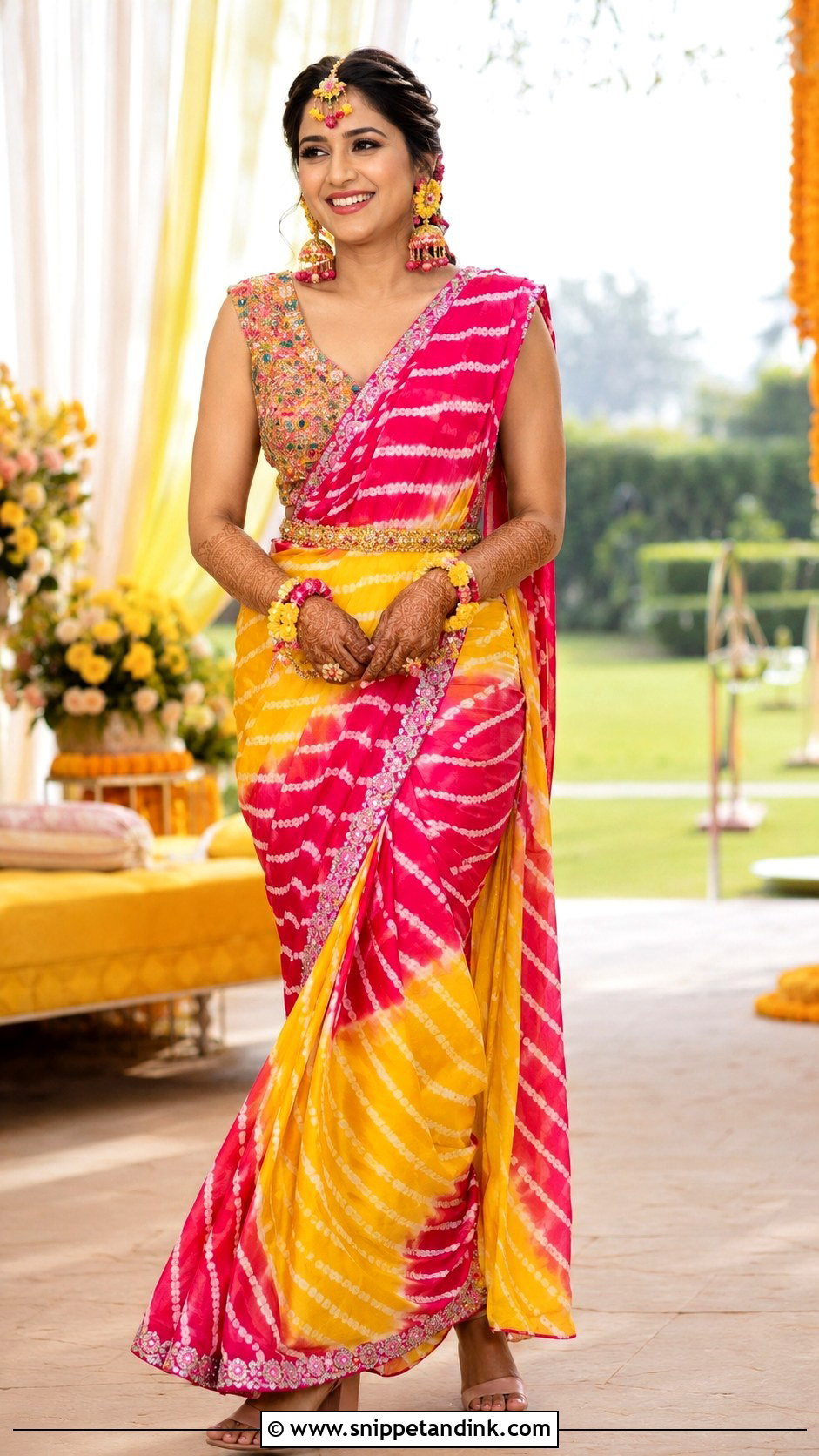 Mehendi Leheriya Saree For Bride - Snippet and Ink - 30 Mehendi Dress Brides Ideas