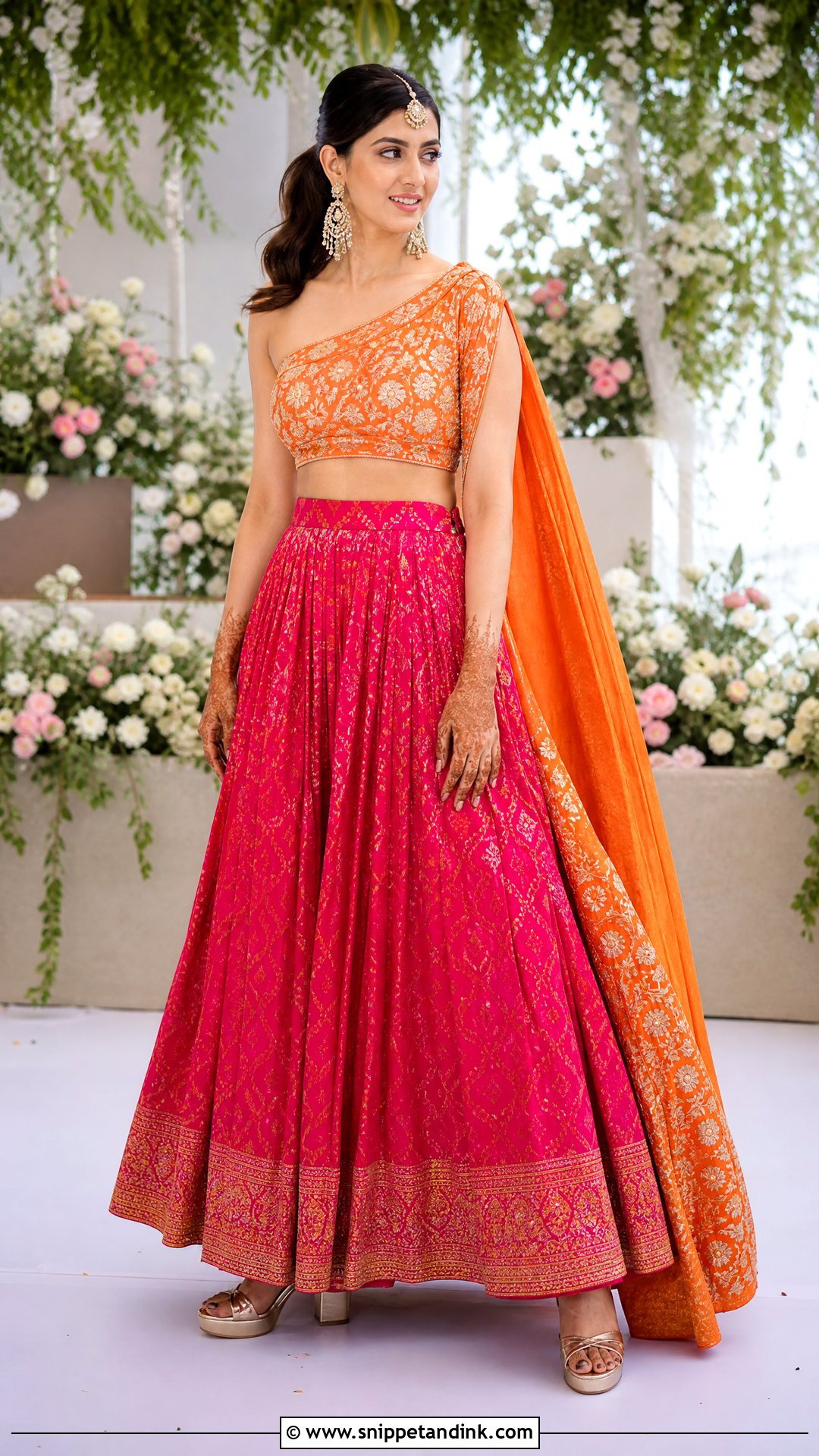 Mehendi One Shoulder Lehenga Outfit - Snippet and Ink - 20 Mehendi Dress Outfits Brides