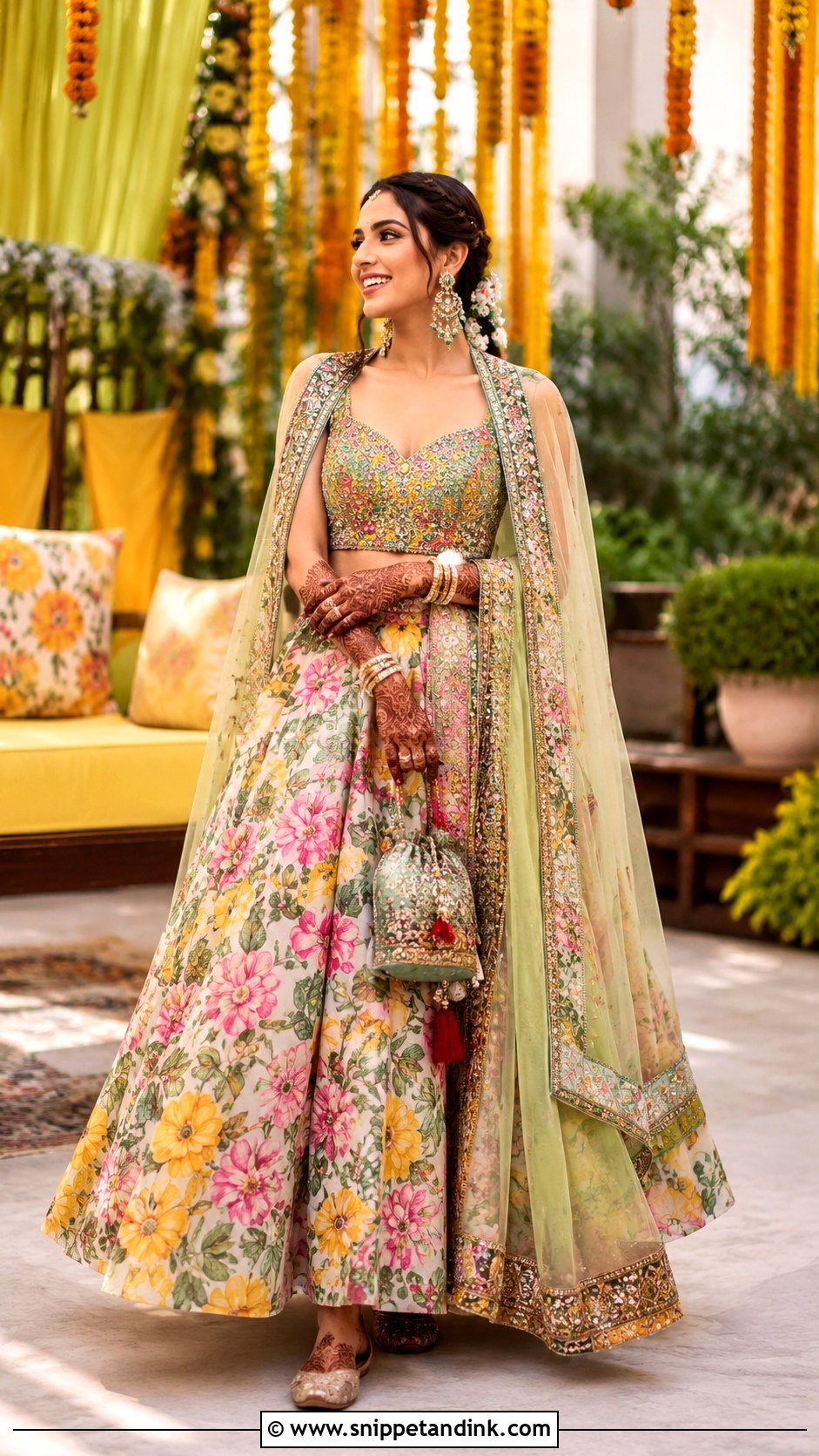 Mehendi Printed Lehenga For Bride - Snippet and Ink - 30 Mehendi Dress Brides Ideas