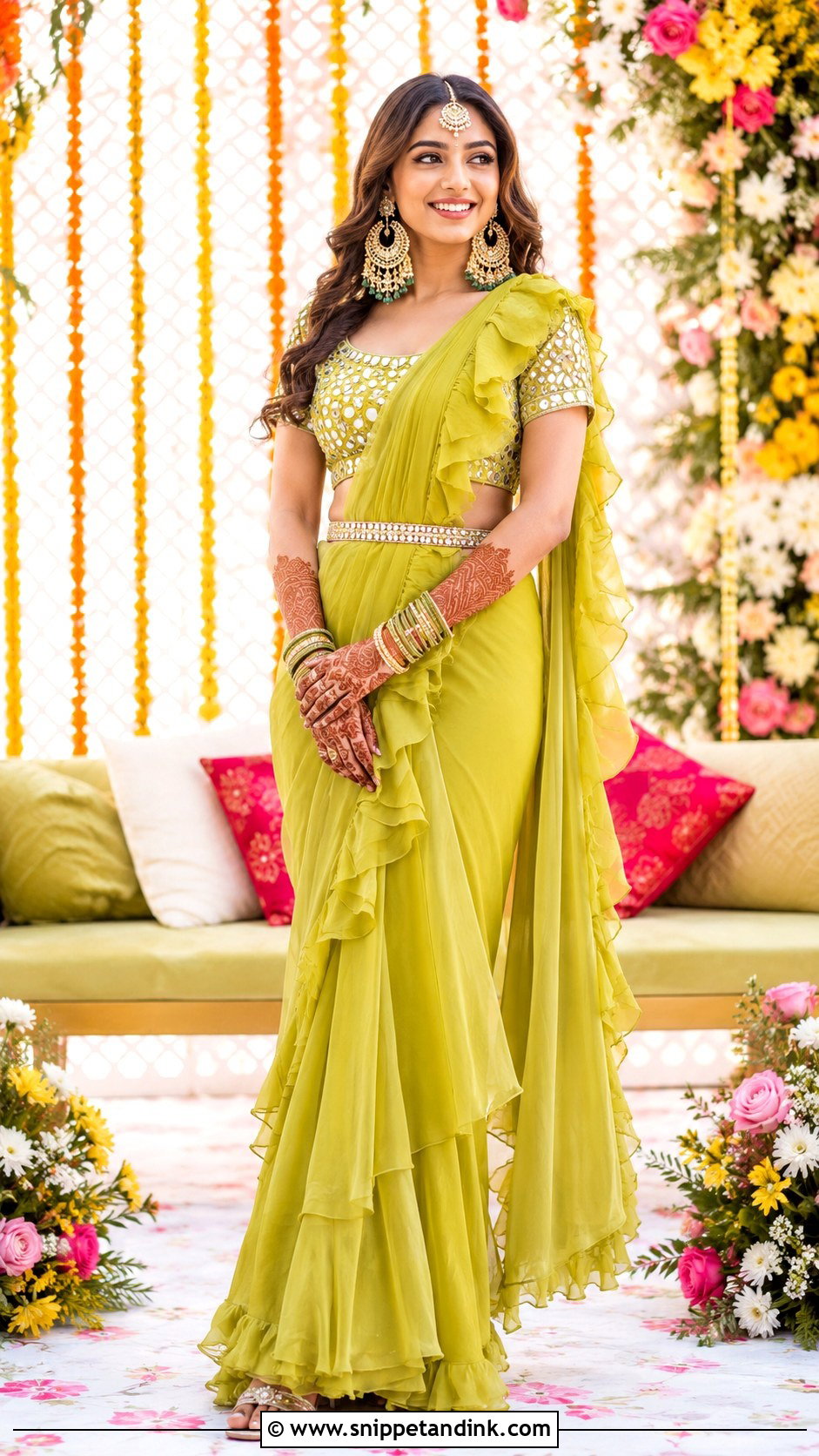 Mehendi Ruffle Saree For Bride - Snippet and Ink - 30 Mehendi Dress Brides Ideas