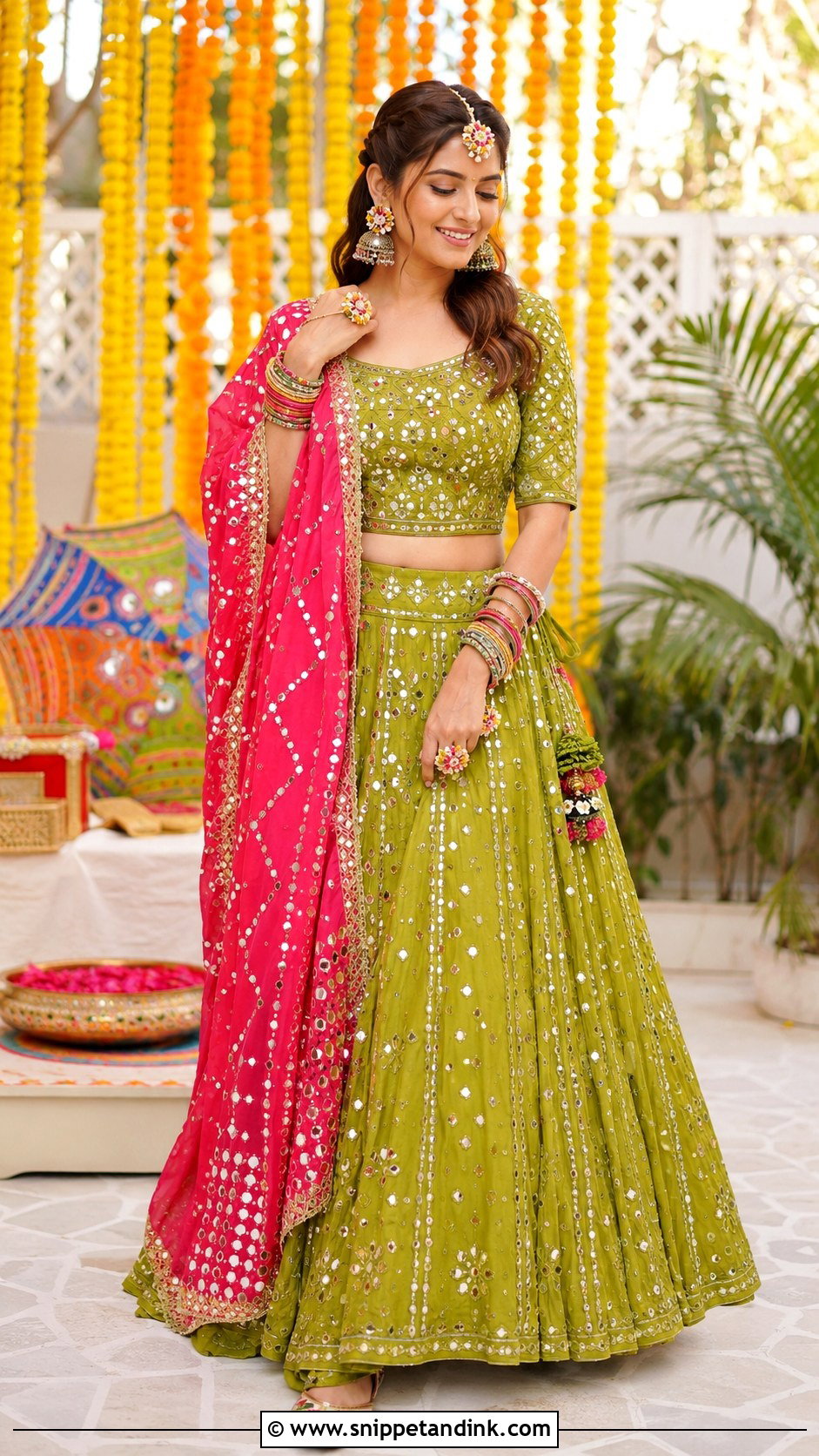 Mehndi Green Mirror Work Lehenga - Snippet and Ink - 20 Green Indian Wedding Dress Ideas