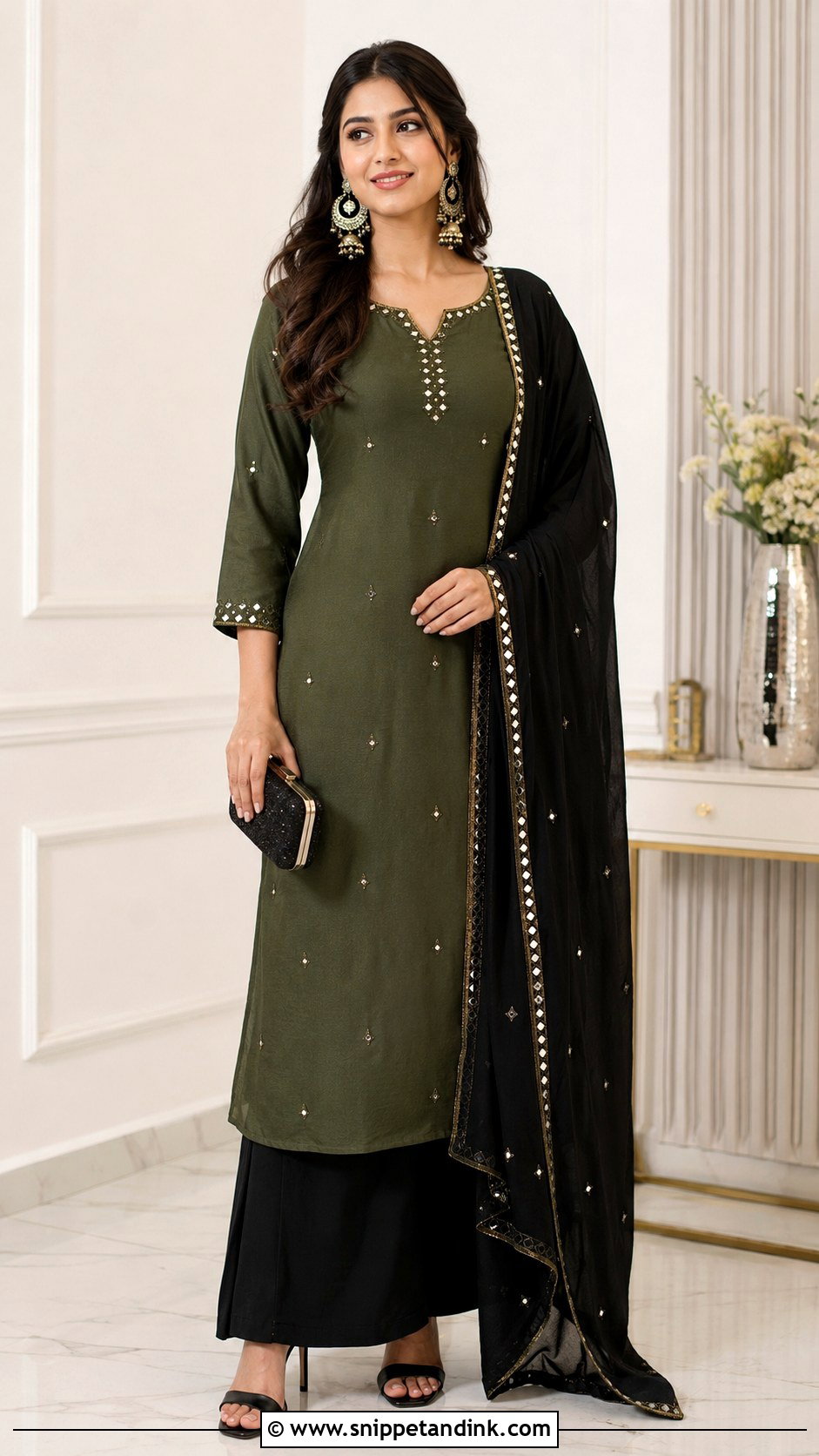 Mehndi Green Suit With Black Dupatta - Snippet and Ink - 25 Mehndi Color Suit Combination Ideas