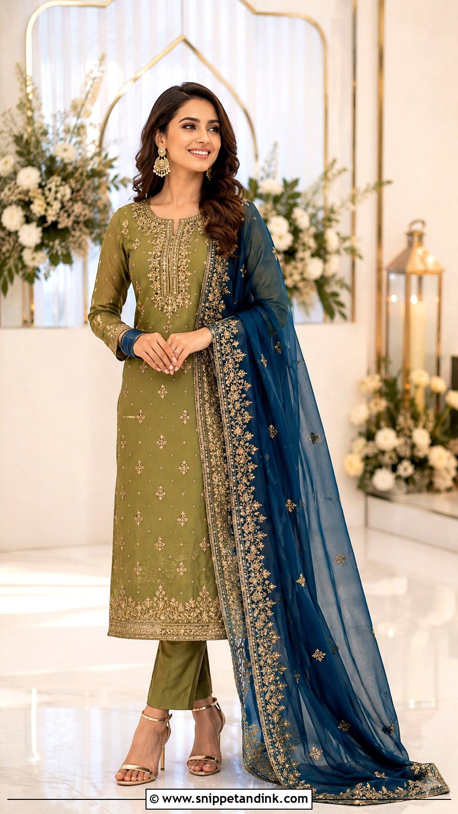 Mehndi Green Suit With Blue Dupatta - Snippet and Ink - 25 Mehndi Color Suit Combination Ideas