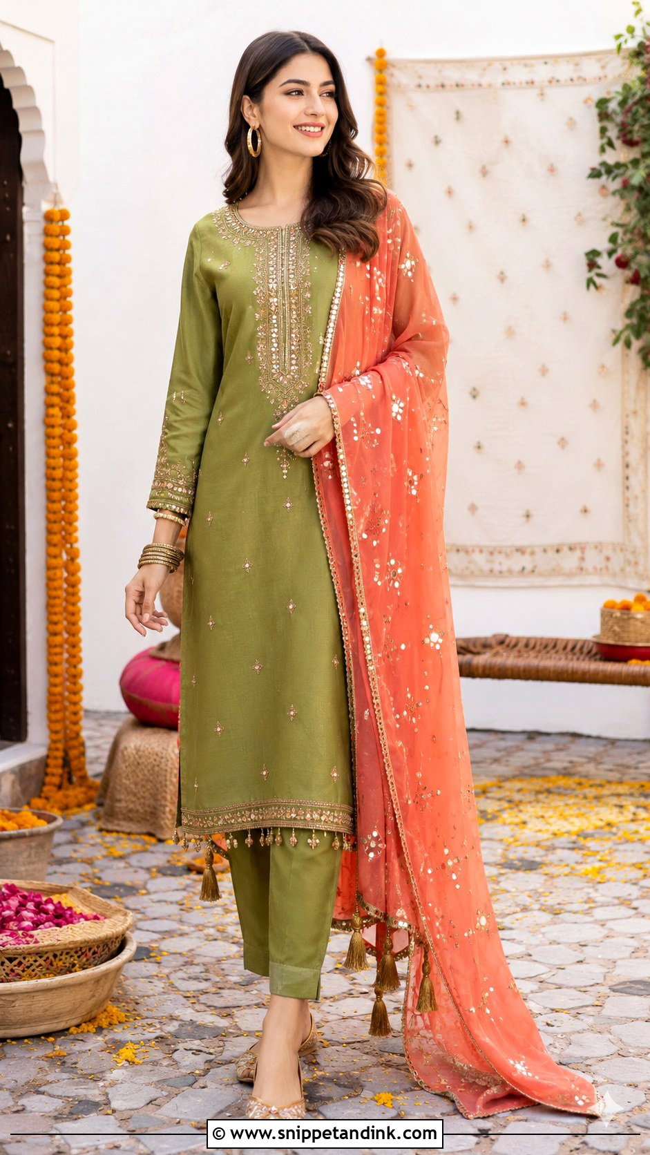 Mehndi Green Suit With Coral Dupatta - Snippet and Ink - 25 Mehndi Color Suit Combination Ideas