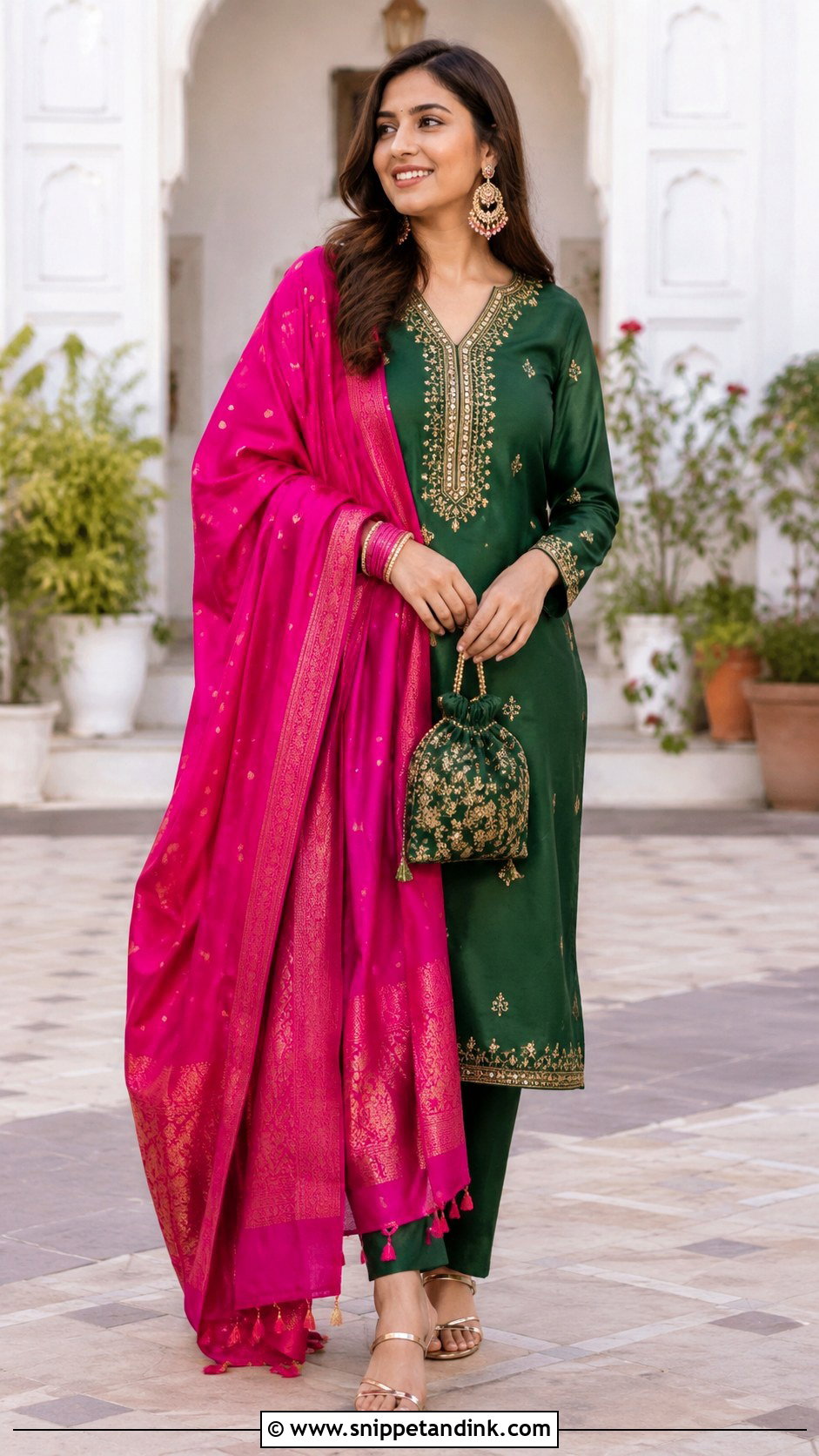 Mehndi Green Suit With Fuchsia Dupatta - Snippet and Ink - 25 Mehndi Color Suit Combination Ideas