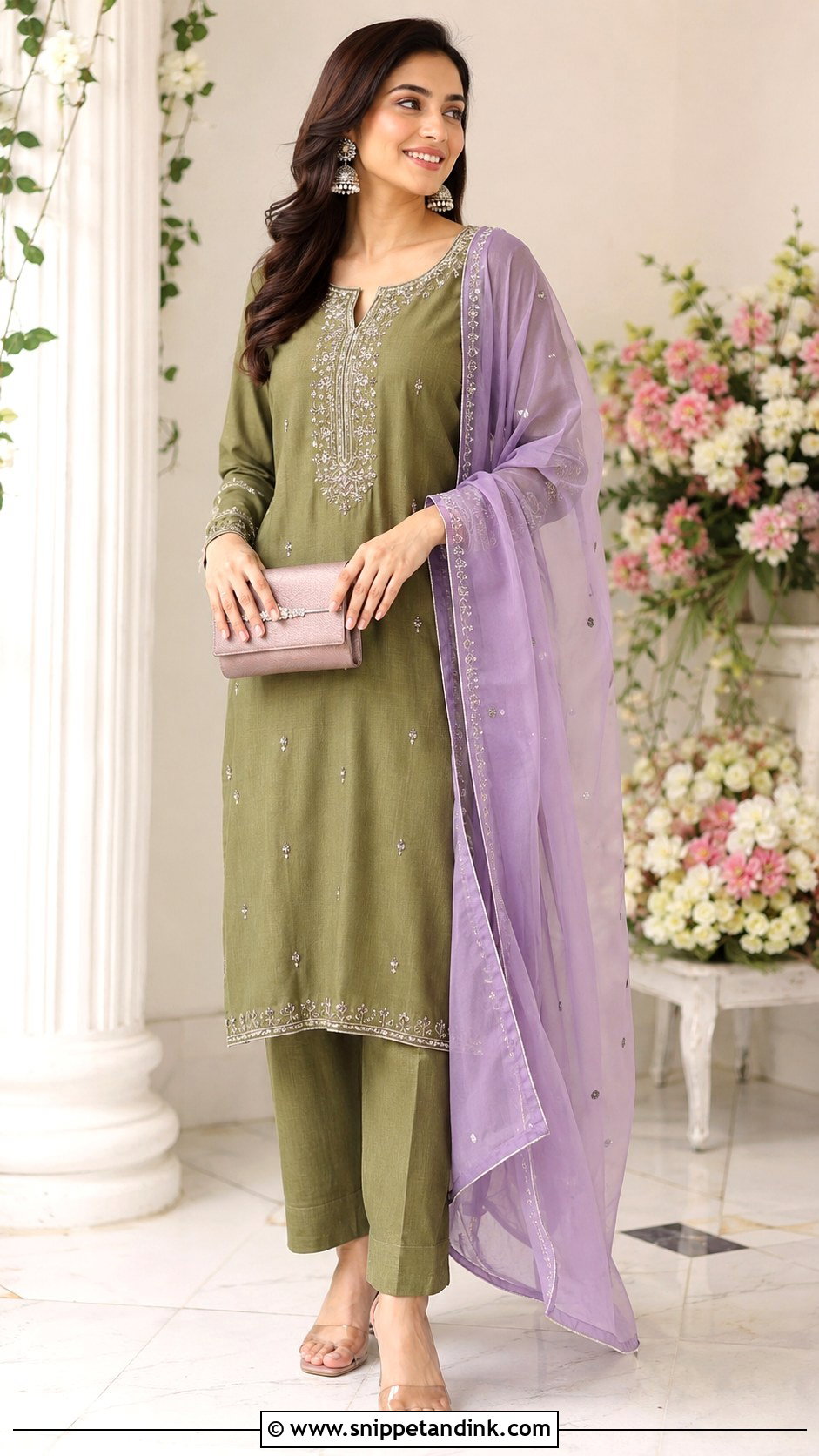 Mehndi Green Suit With Lavender Dupatta - Snippet and Ink - 25 Mehndi Color Suit Combination Ideas