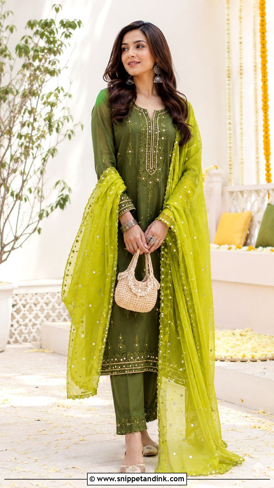 Mehndi Green Suit With Lime Dupatta - Snippet and Ink - 25 Mehndi Color Suit Combination Ideas